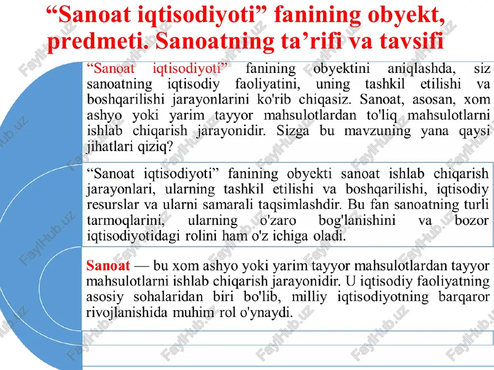 ilish, anglash yo'li, vogelikni amaliy va nazariy o‘zlashtirish usullari majmuasidir tahliliy metod: statistik modellashtirish: empirik komp'yuter metod: tadqiqot: simulyatsiyala ri: sanoat ma'lumotla sanoat jarayonlarin rni yig'ish = jarayonlarin i va ularning va tahlil i iqtisodiy qilish orqali simulyatsiya ko'rsatkichl sanoatning qilish va arini chugur — rivojlanish turli tahlil gilish. | dinamikasin —senariylarni i o'rganish. baholash. amaliyotda olingan ma'lumotla r asosida tahlil va xulosalar chigarish. texnologiya lar va jarayonlar samaradorli gini o'rganish uchun dasturiy ta'minotdan foydalanish. “sanoat iqtisodiyoti” fanini o’rganish usullari nazariy usul: sanoat iqtisodiyoti bo'yicha mavjud nazariyalar va tushunchalarni o'rganish. soliq va qonunchilik tahlili: sanoatga ta'sir etuvchi davlat siyosati va qonunlarni o'rganish. statistik usul: ma'lumotlarni yig'ish va ularni tahlil qilish orqali sanoatning rivojlanish tendensiyalarini aniqlash. amaliy usul: sanoat korxonalaridagi real holatlarni tahlil gilish va tajribalar o'tkazish. tahliliy usul: sanoat jarayonlarining iqtisodiy ko'rsatkichlarini o'rganish va baholash. statistik usullar (sifat va miqdor, indeks, guruhlash, balanslik va normativ usul, ehtimollar), iqtisodiy matematik modellashtirish, …