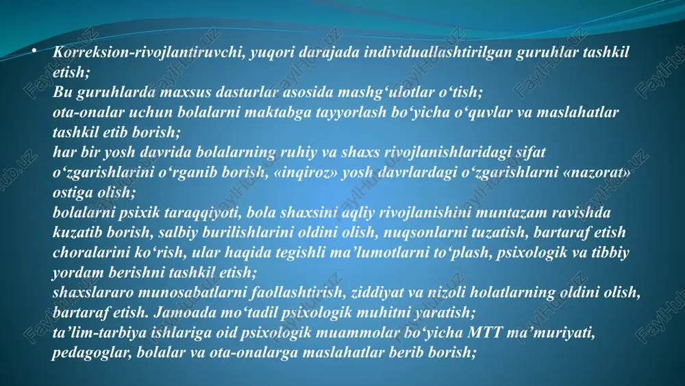 altirilganlik xizmatlar har bir mijozning ehtiyojlari va individual xususiyatlarini hisobga olishi kerak. yaxlitlik psixologik xizmatlar barcha faoliyat yo‘nalishlari o‘zaro bog‘liq bo‘lishi kerak. etika va maxfiylik har bir xizmat ko‘rsatishda shaxsiy ma’lumotlarning maxfiyligini saqlash muhimdir. samaradorlik va monitoring xizmatlar samaradorligini baholash va uni doimiy ravishda takomillashtirish. hamkorlik ijtimoiy xizmatlar, ta’lim muassasalari va sog‘liqni saqlash tashkilotlari bilan aloqada bo‘lish. 14 psixologik xizmatlarning qo‘llanilishi ta’lim tashkilotlarida bolalar va tarbiyachilarni psixologik qo‘llab-quvvatlash. ota-onalar bilan ishlash. sog‘liqni saqlash tizimida psixologik reabilitatsiya va travmadan keyingi tiklanish. korporativ sohada xodimlarning ish samaradorligini oshirish va stressni kamaytirish. ijtimoiy himoya tizimida nogironlik yoki ijtimoiy moslashuv muammolariga ega shaxslar bilan ishlash. 15 2. psixologik xizmatlar tizimini joriy etish. hozirgi zamonda ta’lim, sog‘liqni saqlash, ijtimoiy himoya va ish joylarida psixologik xizmatlarni joriy etish insonlarning psixologik farovonligini ta’minlashda katta ahamiyat kasb etadi. psixologik xizmatlar tizimi muayyan tuzilma, tamoyillar va usullar asosida shakllanadi va insonlarning emotsional, intellektual hamda ijtimoiy rivojlanishini qo‘llab-quvvatlaydi. psixologik xizmatlar …