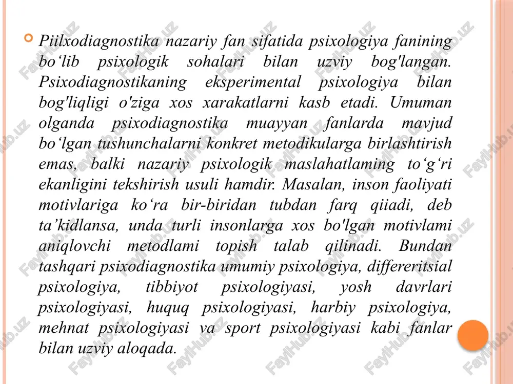 adi, agar bu shaxsning o‘z roziligi bilan bo‘lmasa. maxfiylik, ayniqsa, tibbiyot, ta’lim yoki oilaviy masalalarda muhim. shaxs manfaatlarini himoya qilish psixologik diagnostika jarayonida shaxsning ruhiy va jismoniy holatiga zarar yetkazilmasligi kerak. diagnostika natijalari shaxsni kamsitishga yoki uning ijtimoiy obro‘siga salbiy ta'sir ko‘rsatmasligi lozim. psixolog har qanday sharoitda inson manfaatlarini birinchi o‘ringa qo‘yadi. rozilik va ixtiyoriylik diagnostika jarayonida qatnashish shaxsning ixtiyori bilan amalga oshiriladi. diagnostika boshida psixolog shaxsga (yoki uning vakiliga) jarayonning maqsadi, usullari va natijalari haqida to‘liq ma'lumot beradi. hech kim majburlanib diagnostika jarayonida ishtirok etishi mumkin emas. ob’ektivlik va adolatlilik diagnostika jarayonida psixolog shaxsiy fikr va hissiyotlardan xoli bo‘lishi kerak. xulosalar ilmiy dalillarga va diagnostika natijalariga asoslanadi, shaxsning jinsi, millati, diniy e’tiqodi yoki ijtimoiy mavqeiga ta'sir qilmaydi. maqsadga muvofiqlik diagnostika faqat aniq belgilangan maqsad va vazifa doirasida amalga oshiriladi. maqsadga bog‘liq bo‘lmagan ma'lumotlarni yig‘ish yoki ulardan foydalanish noetik hisoblanadi. ilmiy asos va malakali yondashuv diagnostikada faqat ilmiy jihatdan tasdiqlangan …