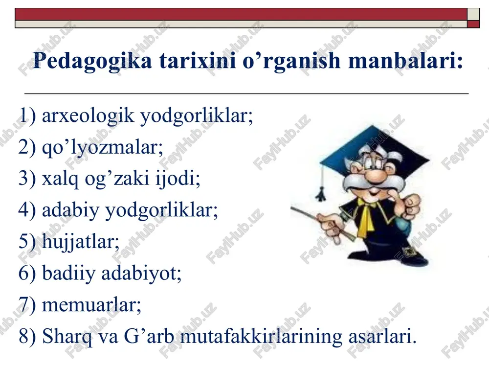 dislarni sharxlaydi. 3. termiziy xadislar tahliliga juda kuchli e’tibor beradi. har bir hadisning sihhat va zaif-sog’lomlik va zaiflik darajasini aniqlaydi. mustaqil o’qish uchun tavsiya etilgan adabiyotlar: “qur’oni karim”(abdulaziz mansur tarjimasi) “al-jome’ as-sahih” (“sahih al-buxoriy”) “al-jomi’ as-sahih”(“sunani termiziy”) “saodat asri qissalari” (ahmad lutfiy qozonchi) “sohilsiz dengiz” (tohir malik asari) arab xalifaligi yuz bergan ijtimoiy-siyosiy o’zgarishlar, yagona islom dinining tarkib topishi madaniy hayotga ham ta’sir etdi. madaniy hayotda yuz bergan ko’tarinkilik ma’naviy hayotda ham o’zgarishlar bo’lishiga olib keldi. ana shu ko’tarilish butun arab xalifaligini, yaqin va o’rta sharqni qamrab olganligi uchun ham sharq uyg’onish davri deb ataldi. bu uyg’onish jarayoni ix asrdan boshlab xv-xvi asrlargacha davom etdi. asarlari: «al jabr va al-muqobala», «hind arifmetikasi xaqida kitob», «yer satxini o’lchash», «quyosh soatlari to’g’risida», «yaxudiylar tarixi va ularning bayramlarini belgilash» va boshqalar. muxammad ibn muso al-xorazmiy (783-850) abu abdulloh xorazmiyning didaktik qarashlari al-xorazmiy bilish nazariyasiga muhim hissa qo’shdi. u birinchilardan bo’lib, induksiya, deduksiya, sinov-kuzatish …