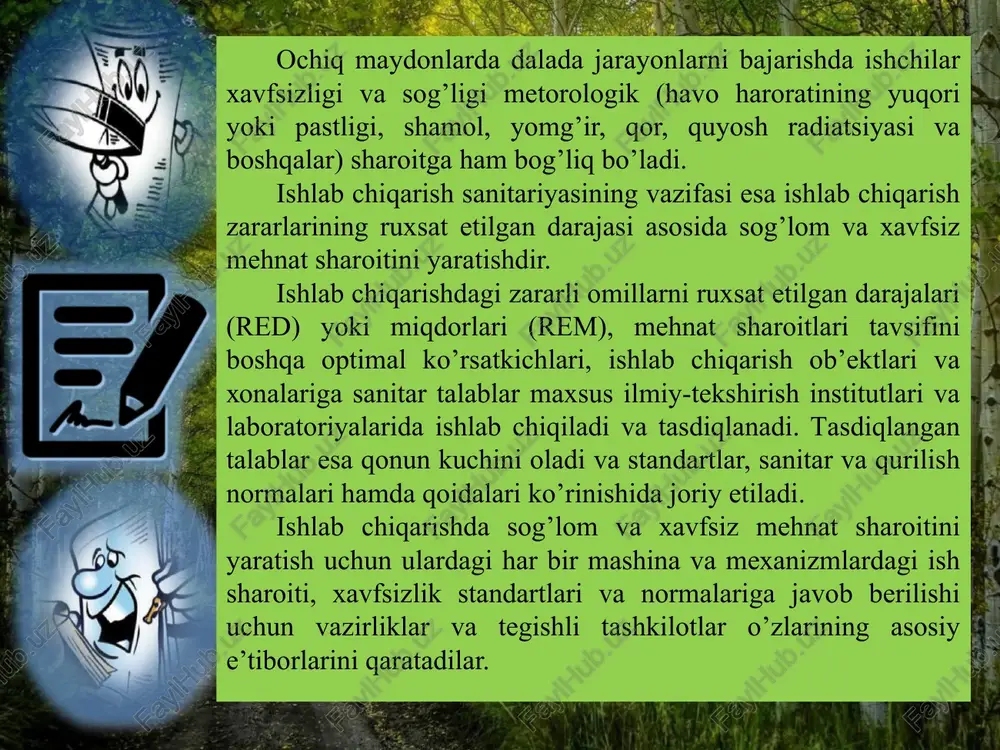 tta ta’sir ko’rsatadi. qozon yasash jarayonida faoliyat ko’rsatadigan ishchilar eshitish qobiliyatining pasayishi 1.-jadval ishlab chiqarish korxonalarida yuzaga keladigan barcha shovqinlar chastota tarkibga qarab 3 tabaqaga (klassga) bo’linadi past chastotali (300 gertsgacha) o’rtacha chastotali (1000 gertsgacha) yuqori chastotali (1000 gertsdan yuqori) 3. zararli moddalar va nurlanish inson organizmiga ta’siri va ulardan himoyalanish ishlab chiqarishdagi ishchi zonalar havosi ko’p hollarda texnologik jarayonlarning tabiiy zaharlari bilan ifloslanadi. pechkalarda, qozonxonalarda va ichki yonuv dvigatellarida yoqilg’ilarni yonishi is gazini hosil bo’lishiga sabab bo’ladi. masalan, qishloq xo’jaligida qo’llaniladigan ko’pgina zaharli moddalar, maxsus moddalar hisoblanib o’simliklarni hosildorligini oshiradi, ularning zarar kunandalarini esa o’ldiradi. ular tarkibiga minyeral o’g’itlarni va 150 xilga yaqin zaharli ximikatlarni kiritish mumkin. bulardan tashqari neft mahsulotlari, lak, bo’yoq, kislotalar, ishqorlarning xavfli bug’lari, gazlari ham mavjudki, ular ham qishloq. xo’jaligi va sanoatda keng qo’llanilib inson uchun xavfli moddalar ekanini o’nutmaslik lozim. ayrim zaharlar inson organizmiga nafas olish va ovqat qabul qilish organlari orqali kiradi. uncha …