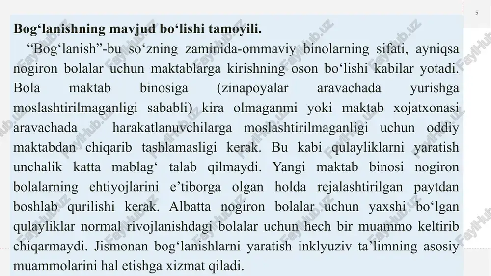 radi. wednesday, september 25, 2024 sample footer text 14 integratsiya bosqichi. bu bosqich inklyuziv tarzida o‘qitilgan, reabilitasiya jarayoni malga oshirilgan nogiron bolalarni ijtimoiy jamiyatga to‘la kiritish bosqichidir. integrasiya bosqichida nogiron bolalar to‘laligicha ijtimoiy jamiyatga kiritiladi. ya’ni bu bosqichda nogiron bolalarning ham o‘zlarining teng imkoniyatlari va huquqlaridan foydalangan holda kasb va ishlash joyini mustaqil tanlash imkoniyati beriladi. wednesday, september 25, 2024 sample footer text 15 reabilitatsiya ( lot. rehabilitatio — tiklash) (tibbiyotda) — organizmning buzilgan funksiyasini va bemorlar hamda nogironlarning mehnat qobiliyatini tiklashga qaratilgan tibbiy, pedagogik va ijtimoiy chora-tadbirlar majmui. integratsiya (lotincha integratio — tiklash, toʻldirish, integer — butun soʻzidan)—ijtimoiy integratsiya bu yangi kelganlar yoki ozchilikning mavjud jamiyatnig ijtimoy tuzulishiga qo’shilishi daun sindromi wednesday, september 25, 2024 sample footer text 16 wednesday, september 25, 2024 sample footer text 17 wednesday, september 25, 2024 sample footer text 18 wednesday, september 25, 2024 sample footer text 19 autizm sindromi wednesday, september 25, 2024 …