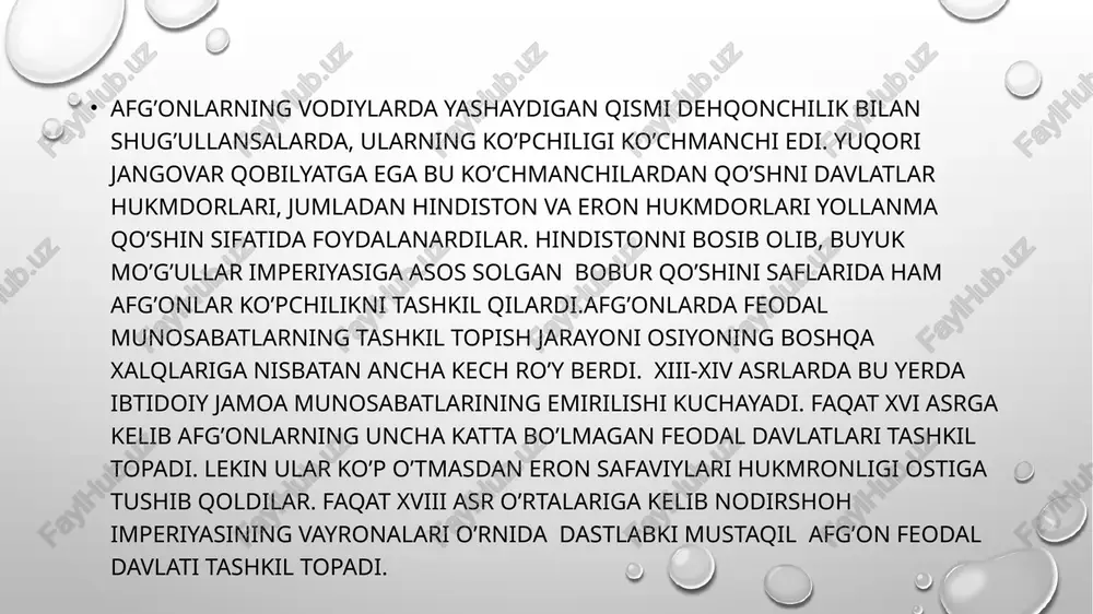 ini taminlash uchun turli xil ishlar bilan band bo’lardilar.bunday qo’shin mamlakat ichidagi feodallar isyoni va dehqonlarning chiqishlarini bostirishi mumkin edi, lekin u yana afg’oniston mustaqilligiga xavf solayotgan ingliz-hind armiyasidan ancha kuchsiz edi.shu bilan birga sheralixon o’zining bosqinchilik yurishini davom ettirib, maymana, balx, axcha va boshqa hududlarni bosib oldi. 1869 yilda qunduz egallandi, shu yili badaxshonga hujum boshlandi va uzoq davom etgan kurashdan keyin 1873 yilda badaxshon ham sheralixonga bo’ysundirildi. 1874 yilda maymana xonligini uzil-kesil bosib olish uchun kurash boshlandi, undan buxorodan hirotga savdo yo’li o’tardi. olti oylik qamaldan keyin maymana bosib olindi va buzib tashlandi, afg’onlar 15 mingdan ortiq mudofaachilarni qirib tashladilar.natijada amudaryoning so’l qirg’og’i afg’on feodallarining mustamlakasiga aylandi. bu yerning afg’on bo’lmagan aholisi qattiq milliy asoratga solindi. siyosiy huquqsizlik, aholini ommaviy ravishda talash, o’zbek va tojik dehqonlarining yerlarini tortib olish avj oldi va bu aholining so’l qirg’oqni tashlab ketishiga olib keldi. ularning ko’pchiligi ruslarning amudaryo ortidagi mulklariga ko’chib ketdilar.70-yillarning …