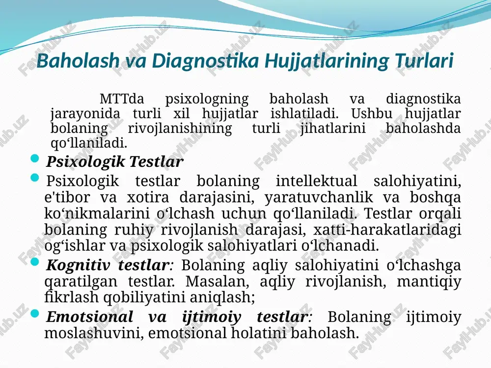 anishini o‘rganish uchun kuzatish va sotsiometrik usullardan foydalanish. intellektual darajani baholashda testlar va so‘rovnomalarni birlashtirish. amaliyotda natijalarni qo‘llash individuallashtirilgan dasturlar ishlab chiqish: bola rivojlanishidagi qiyinchiliklarni bartaraf etish uchun reja tuzish. maktab va ota-onalar bilan hamkorlik qilish: psixologik tavsiyalar berish. dinamik baholash: bolaning rivojlanishiga kuzatuv o‘tkazish va yutuqlarni qayd etish. rivojlanish ko'rsatkichlari hisobotlari: har bir bolaning rivojlanish jarayonini kuzatish: amaliyotda bolalarning rivojlanish jarayonini muntazam kuzatish va hisobot shaklida qayd etish ularning individual rivojlanish xususiyatlarini aniqlash hamda zarur bo‘lganda erta yordam ko‘rsatish uchun muhimdir. rivojlanish ko‘rsatkichlari hisobotlari bolaning intellektual, jismoniy, ijtimoiy va hissiy rivojlanishidagi dinamik o‘zgarishlarni aks ettiradi. quyida amaliyotda qo‘llaniladigan asosiy usullar va ularning tavsifi keltirilgan. 1. kuzatish va qayd qilish amaliyoti mazmuni: psixolog yoki tarbiyachi bolaning kundalik faoliyati, o‘yinlari va ijtimoiy muloqotini kuzatadi va muhim jihatlarni yozib boradi. qanday amalga oshiriladi? bola har bir faoliyat turida qanday ishtirok etishi qayd qilinadi. maxsus tayyorlangan kuzatish kartalari yoki jurnalga yozuvlar kiritiladi. misol:tarbiyachi …