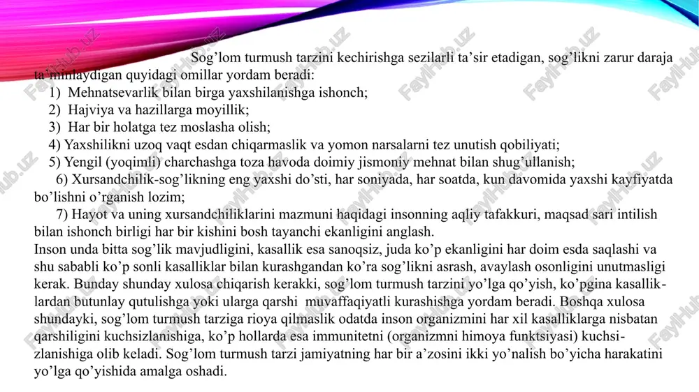 tga qarshi kurashish, uni oldini olish har bir davlatning har doim birinchi darajali vazifalaridan bo’lib kelgan va shunday bo’lib qoladi. bu tadbirlarga xukumat darajasida e’tibor qaratilishi juda muhimdir. chunki xalq sog’ligi, o’sib kelayotgan yosh avlodlar sog’ligini saqlab qolish nuqtai nazaridan asoslanadi. bunday salbiy holatlarga nisbatan jiddiy qarshi kurash tadbirlarini doimiy olib bormaslik aholining ma’lum qatlami orasida narkotik, toksik kabi moddalarga ruju qo’yishga olib keladi. buning natijasida narkotik moddalarni iste’mol qilish kengayadi. yoshlardagi bunday zararli odatlar irsiyat orqali ham ota-onadan, oila muhitidan farzandga o’tishi mumkinligi tibbiy ekspyertizalarda ham aniqlangan. rossiya mamlakatining tibbiy statistikasi so’ngi yillarda mamlakatda yurak-qon tomirlari, onkologik kabi og’ir kasalliklarni; o’limni; zararli odatlarga ega bo’lgan fuqarolar o’rtasida jarohatlanishlarni sezilarli darajada oshganligini ko’rsatadi. buning natijasida o’rtacha umr yoshi pasayganligini (ayniqsa erkaklarda 58 yoshgacha) ko’rsatmoqda. ushbu statistika hayotdan ko’z yulmgan odamlarning 50 foizi zararli odatlar bilan shug’ullanib kelgan kishilar ekanligini tasdiqlaydi. ishlab chiqarish sharoitlaridagi jarohatlanish asosan texnologik jarayon xususiyatlariga bog`liq. chunonchi, …