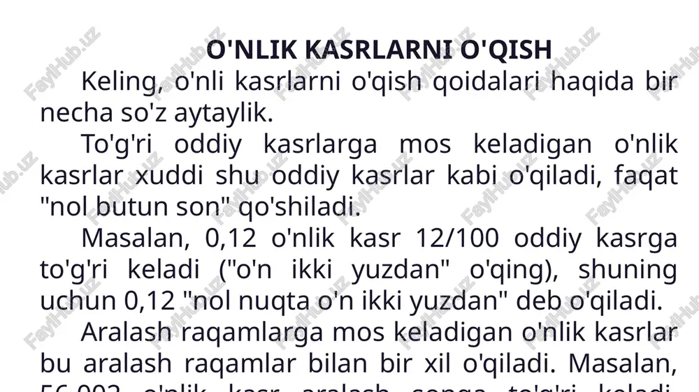 iz oʻnli kasrlarga misollar: 0.143940932…, 3.1415935432…, 153.02003004005…, 2.11111111…, 69.74152152152…. davriy kasrlar va davriy bo'lmagan kasrlar agar siz oxirgi ikkita cheksiz o'nli kasrga diqqat bilan qarasangiz, u holda 2.111111111 kasrda ... cheksiz takrorlanadigan 1 raqami aniq ko'rinadi va 69,74152152152... kasrda uchinchi kasrdan boshlab, takrorlanuvchi raqamlar guruhi. 1, 5 va 2 aniq ko'rinadi. bunday cheksiz o'nli kasrlar davriy deyiladi. ta'rif. davriy o'nli kasrlar (yoki oddiygina davriy kasrlar) cheksiz o'nli kasrlar bo'lib, ularni yozishda ma'lum o'nlik kasrdan boshlab, qandaydir son yoki raqamlar guruhi cheksiz takrorlanadi. kasr davri. masalan, 2.111111111... davriy kasrning davri 1 raqami, 69,74152152152... kasr davri esa 152 ko’rinishdagi raqamlar guruhidir. cheksiz davriy o'nli kasrlar uchun yozuvning maxsus shakli qabul qilinadi. qisqartirish uchun biz davrni bir marta qavs ichiga olib yozishga kelishib oldik. masalan, 2,111111111... davriy kasr 2,(1) , 69,74152152152... davriy kasr 69,74(152) shaklida yoziladi. shuni ta'kidlash kerakki, bir xil davriy kasr uchun siz turli davrlarni belgilashingiz mumkin. masalan, davriy o'nli kasr …