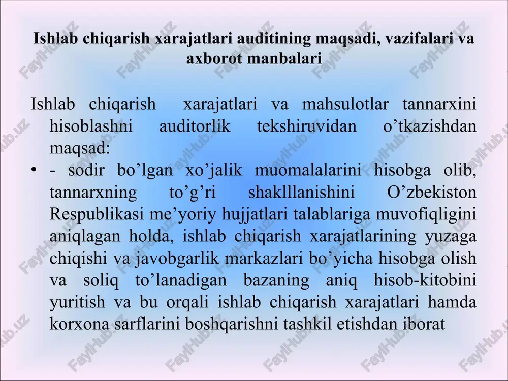 mol etkazib beruvchilar hujjatlarining kelib tushishiga qarab, ushbu yozuvlar mol etkazib beruvchilarning hisob-kitob hujjatlariga asosan materiallarni haqiqiy sotib olish bahosi bo’yicha kirim qilish bilan bir vaqtning o’zida tuzatilishi (storno qilinishi) kerak. tekshiruv jarayonida olingan ma’lumotlar asosida ishlab chiqarish xarajatlari auditi natijalarini umumlashtirish audit natijalarini baholash ishlari asosan quyidagilarni o’z ichiga oladi: - mahsulot tannarxi auditi bo’yicha ishchi hujjatlarni sharhlash va yakuniy ishchi hujjatlarni tayyorlash; - mahsulot tannarxini tekshirish jarayonida aniqlangan kamchiliklarning ahamiyatlilik darajasini baholash; - mahsulot tannarxini tekshirish bo’yicha auditorlik dalil - isbotlarning etarliligini baholash; - amal qilayotgan korxona printsipi bilan bog’lik omillarni baholash; - tekshiruv natijalari bo’yicha auditorning mijoz korxona rahbariyatiga taqdim qiladigan yozma axborotini tuzish; - auditorlik hisoboti va xulosasini tuzish. auditor quyidagi hollardagi kabi, katta nomuvofiqliklar mavjudligini ko’rsatuvchi holatlarni ob’ektiv baholashi zarur auditor mahsulot tannarxi bo’yicha to’plangan dalil - isbotlar etarliligini baholashda ushbu holatlar aniqlangan bosqichni (rejalashtirish, audit o’tkazish) hisobga olishi kerak. shuningdek, katta xatolar xatarini dastlabki …