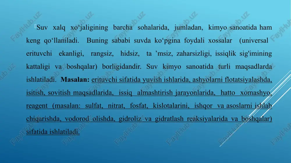 ik suviga alohida talablar qo‘yiladi: u toza, tiniq, rangsiz, hidsiz, kimyoviy va bakteriyalar bilan ifloslanmagan bo‘lishi lozim, ya’ni ichimlik suvi gost talablariga javob berishi kerak. gost ga binoan ichimlik suvining 1 ml da bakteriyalarning umumiy soni 100 ta dan, ichak tayoqchasining miqdori 1 litr suvda uchtadan ortiq bo'lmasligi shart. daryo va ko‘l suvlari, odatda bu talablarga javob bermaydi, shuning uchun ham ichimlik suvini vodoprovod tarmog‘iga berishdan ilgari suv tozalash stansiyalarida tozalanadi. ichimlik suvini tayyorlash to‘rt bosqichli: tindirish, koagulyatsiyalash, filtrlash va zararsizlantirish kabi jarayonlardan iboratdir. ichimlik suvini tayyorlashning asosiy sxemasi 1- rasmda berilgan. 1- rasm. ichimlik suvini tayyorlash sxemasi. 1 — suv manbai; 2 — suv olish joyi; 3 — dag‘al tindirgich; 4 — birinchi ko'tarib beruvchi nasos; 5 — aralashtirgich; 6 — tindirgich; 7 — filtr; 8 — xlorator; 9 — ikkinchi ko‘tarib beruvchi nasos; 10 — suv bosimi minorasi. sanoat suvlarini tozalash stansiyalari suvni tozalashda tindirish kolonnalari sanoat suvlarini …