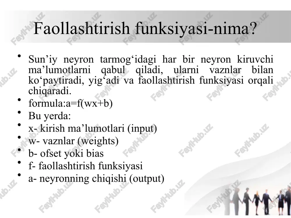 sani sezdi (masalan, odam yoki boshqa mashina). avtomobil qaror qabul qilishi kerak: to‘xtasinmi yoki yo‘qmi? lekin bu katta ehtimolga asoslangan. hamma holatda avtomobil darrov to‘xtamaydi — u vaziyatni tahlil qiladi: sigmoid funksiyasiga misol bu yerda: x — vaziyat xavfliligi (masalan, obyekt yaqinligi, tezligi, harakat yo‘nalishi), p — to‘xtash ehtimoli (sigmoid natijasi). sigmoid funksiyasiga misol vaziyat: x uzoqda odam (kam xavf) -4 yo‘l chetida velosipedchi 0 o‘rtacha yaqinlikdagi to‘sqinlik 2 oldida bola yugurib chiqdi 5 sigmoid funksiyasiga misol sigmoid p(x) : izoh : 0,018 to‘xtamaydi 0,5 noaniq, ehtimoliy to‘xtaydi 0,88 to‘xtashi mumkin 0,993 deyarli aniq to‘xtaydi sigmoid funksiyasiga misol nega bu sigmoidga mos misol xavf oshsa — ehtimol (to‘xtash ehtimoli) tez o‘sadi. past xavfda — ehtimol nolga yaqin bo‘ladi. o‘rtacha holatda — qaror noaniq bo‘ladi (aniq ha/yo‘q emas). bu inson miyasiga juda o‘xshash qaror olish usuli: “agar xavfli bo‘lsa, to‘xtayman… lekin xavf kam bo‘lsa, balki yo‘q.” sigmoid funksiyasiga misol xulosa sigmoid …