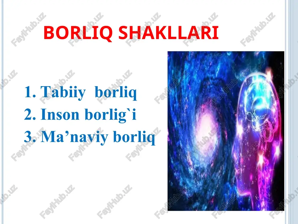 uz beradi. vaqt ham materiyaning mavjudlik shakli bo`lib, moddiy jarayonning keng yoyilish izchilligini, bu jarayonning turli bosqichlari, bir-biridan ajralganligi, ularning davom etishini, ularning rivojlanishini bildiradi. har bir narsa o`z o`tmishi, hoziri va kelgusiga ega. * fazo va vaqt fazo va vaqt o`rtasida umumiy, o`xshash tomonlar hamda ayrim farqlar mavjuddir: - birinchidan, fazo bilan vaqtning ob’ektivligi, inson ongi, irodasi va g`oyalariga bog`liq emasligi, ular o`rtasidagi umumiylikning muhim tomonlaridan birini tashkil etadi, - ikkinchidan, fazo bilan vaqt abadiy azaliydir. fazo bilan vaqtning abadiyligi materiyaning abadiyligidan kelib chiqadi, - uchinchidan, fazo bilan vaqt cheksiz chegarasiz bepayondir. * fazo va vaqt fazoning o`ziga xos xususiyati va vaqtdan farqi, uning uch o`lchovga ega bo`lishidadir. bu uch o`lchov materiya bo`yiga va balandligiga, oldiga va orqasiga qarab uning cheksiz ekanligini ko`rsatadi vaqt fazo bilan chambarchas bog`liq bo`lsada, lekin o`zining ayrim xususiyatlari bilan undan farq qiladi. vaqtning muhim xususiyati uning bir o`lchovligidadir, qaytarilmasligidadir. * e`tiboringiz uchun raxmat * …