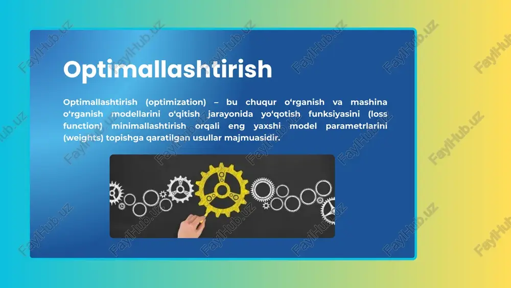 i samarali optimallashtirishni amalga oshiradi. afzalliklari: katta va kichik ma'lumotlar to‘plamlarida samarali, o‘rganish darajasi dinamik tarzda moslashadi, kompyuter resurslarini samarali ishlatadi. kamchiliklari: ba'zan lokal minimumlarga tushish xavfi mavjud, optimal parametrlar uchun sozlash zarurati bo‘lishi mumkin. adam (adaptive moment estimation) chuqur o‘rganish sun’iy intellektning eng muhim va istiqbolli yo‘nalishlaridan biri bo‘lib, uning samarali ishlashi ko‘p jihatdan optimallashtirish algoritmlariga bog‘liq. optimallashtirish – bu modelni aniq, tez va barqaror o‘rgatish imkonini beruvchi kalit omildir. gradient descend algoritmi asosiy va eng keng tarqalgan optimallashtirish usuli sifatida, model parametrlarini yangilashda muhim rol o‘ynaydi. boshqa algoritmlar – momentum, adagrad, rmsprop, adam va newton’s method – bu asosiy yondashuvni takomillashtirishga xizmat qiladi va har biri ma’lum muammolarni hal qilishga qaratilgan. bugungi kunda bu algoritmlar tasvirni tanish, ovozni tushunish, matn yaratish, tibbiy diagnostika, rekomendatsiya tizimlari kabi ko‘plab sun’iy intellekt sohalarida muvaffaqiyatli qo‘llanilmoqda. har bir algoritm o‘zining afzallik va kamchiliklariga ega bo‘lib, tanlov modelning murakkabligi, ma’lumotlar hajmi va muammo …