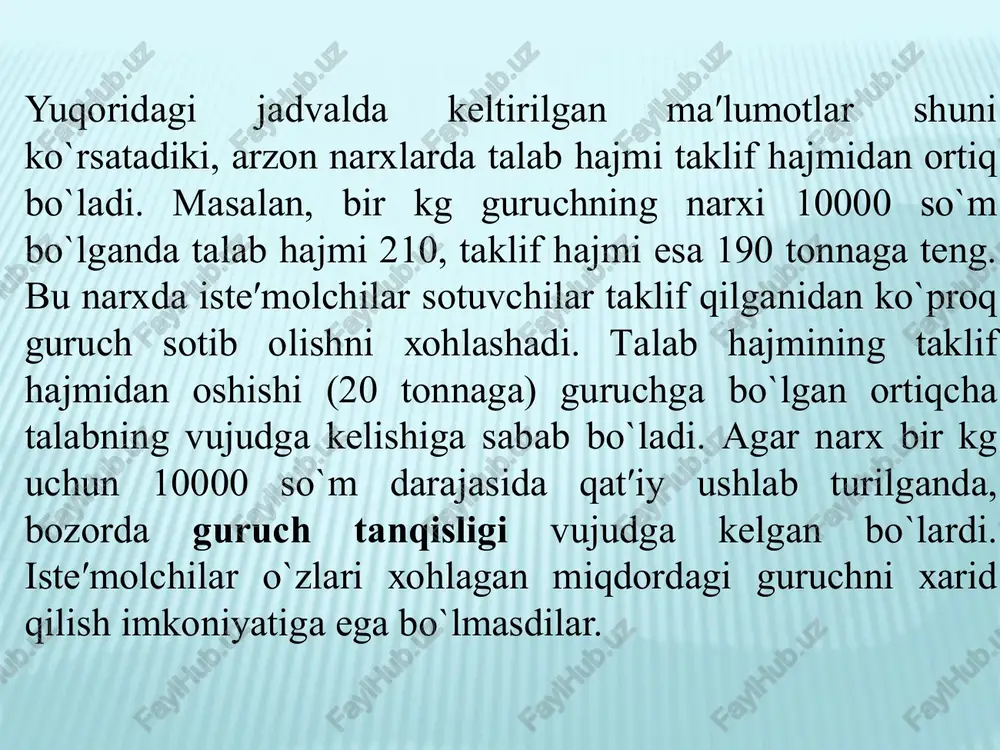 ngi kesishish nuqtasi (muvozan oldingidan yuqorida joylashadi. 2. talab va taklifning o'zgarishi q s1 p s e e* d q*e qe p*e pe taklifning qisqarishi va taklif chizig'ining chapga surilishi agar talab va taklif bir vaqtda o'zgarsa bozor muvozanatiga qanday ta'sir ko'rsatadi? talab va taklif teskari yo'nalishda o'zgarishining ikkita holatini ajratib ko'rsatish mumkin. faraz qilaylik, taklif oshib, talab qisqarmoqda. bu holatda narx pasayishi bilan bog'liq ikkita samara qo'shilib ketadi: taklifning oshishi bozordagi mahsulot hajmini ko'payishiga olib kelib, narxni arzonlashtirsa, talabning qisqarishi ham mahsulot narxining pasayishiga ta'sir ko'rsatadi. natijada talab va taklif chiziqlari oldingi muvozanat holatidan ancha pastda kesishadi va yangi muvozanatga erishiladi. q s1 p s e1 e e* d pe p1 p*e q*e qe q1 d taklifning oshishi va talabning qisqarishi oqibatlari ikkinchi kutiladigan holat – bu taklif qisqarib, talab oshadigan vaziyatdir. bunda narx ko'tarilishi bilan bog'liq ikkita samarani kuzatish mumkin: talabning oshishi narxning ko'tarilishiga olib kelsa, taklifning qisqarishi …