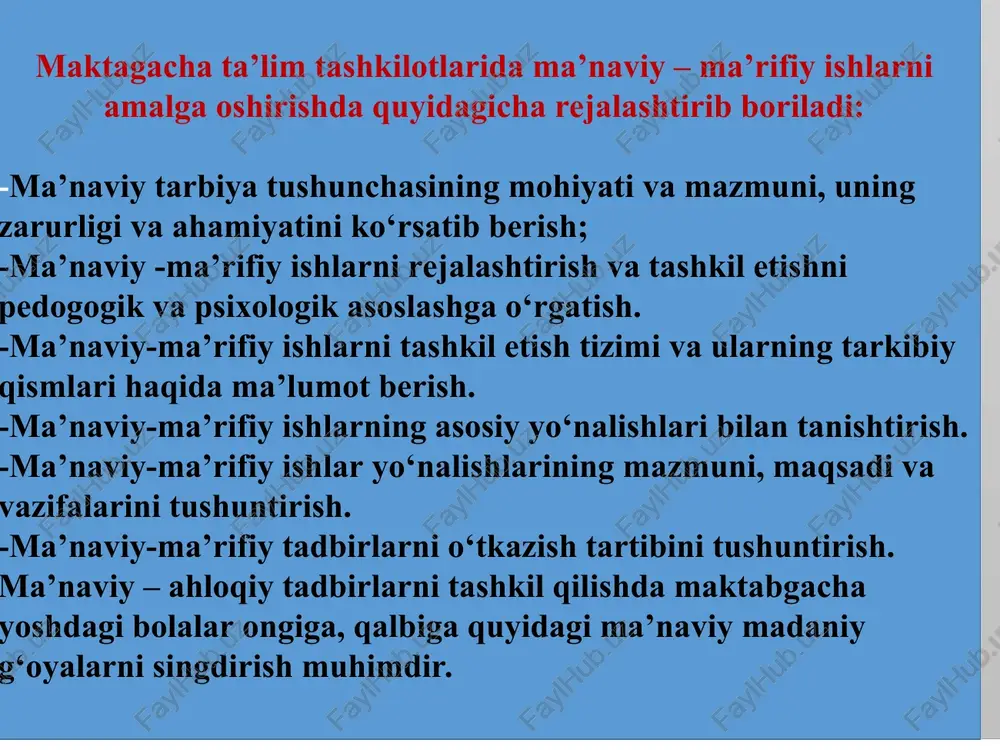 jodkorligiga bog‘liq 3. har bir tadbirni bola ko‘rsin, unda intilish hissi uyg‘onsin, unda o‘zini shaxsiy munosabatlarini bildirish imkoni vujudga kelsin 4. ma’naviy-ma’rifiy tadbirlar ta’lim jarayonida olgan bilimlariga uyg‘un bo‘lishi, tadbirlarni rejalashtirishda tasodif holat bo‘lmasdan, turli mashg‘ulotlarni integratsiyasidan kelib chiqadigan mavzular bo‘yicha bo‘lishi kerak * yillik ma’naviy-ma’rifiy ishlar rejasini tuzishda quyidagilarni inobatga olish kerak tarbiyalanuvchilarning hayot mazmunini tushunib olishlarida ko‘maklashish, ularda o‘z-o‘zini idora va nazorat qila bilishni shakllantirish maktabgacha ta’lim yoshdagi bolalarda umuminsoniylik va vatanimiz qadriyatlari, boy milliy madaniyatimiz bilan oshno qilish, millatimizga xos madaniy va diniy tariximizga nisbatan g‘urur va muhabbatni tarbiyalash maktabgacha yoshdagi bolalar ijodkorligini, iqtidorini yuzaga chiqarish uchun shart-sharoit hozirlash insonparvarlik va muomila odobini, haqiqiy baynalmilallik ko‘nikmalarini shakllantirish * mustaqil respublikamiz ravnaqi va taraqqiyoti uchun xizmat qiluvchi komil insonni tarbiyalash o‘zbekiston respublikasi bayrog‘i, gerbi, madhiyasi, konstitutsiyasi va prezidentiga sadoqat ruhida tarbiyalash. o‘zining har bir xatti-harakati va ularning oqibatiga ma’suliyat bilan qarash hislatlarini tarbiyalash * pedagog – tarbiyachilarning ma’naviy-ma’rifiy …