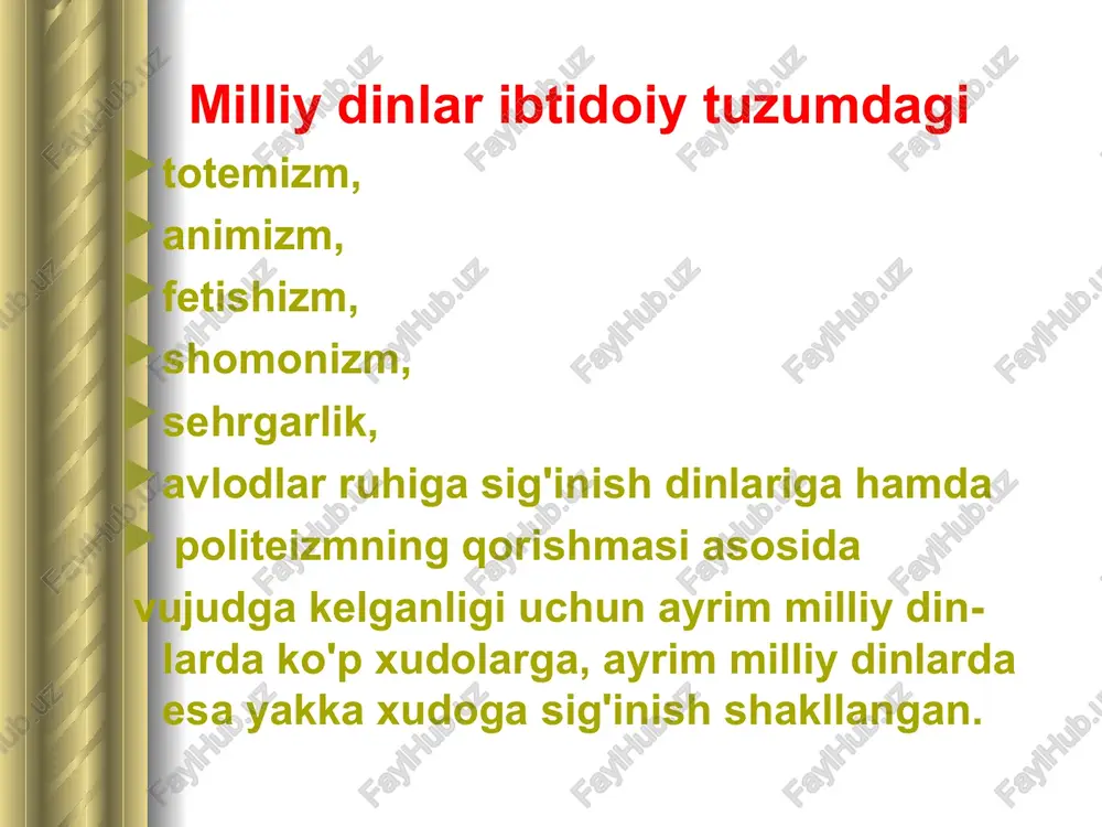 n oldingi vi asrda paydo bo'lgan. jaynizm braxmanizmdagi (braxmanizm dini hindistonda er. av. x-xi asrlarda kelib chiqqan edi) kishilarni tabaqalarga ajratish va tabaqalar asosida odam-larning ijtimoiy tengsizligini ilohiylashtirish sistemasiga qarshi paydo bo'lgan. jaynizm ta'limotida 24 ta payg'ambarga, ayniqsa, ulardan oxirgisi bo'lgan payg'ambar - vardhamana maxaviraga sig'inish talab etilgan. jaynizmda jonning o'lmasligiga, uning bir moddiy shakldan ikkinchisiga ko'chib yurishiga ishonish g'oyasi markaziy o'rinni egallaydi. jaynizm jaynizm dindorlarga nisbatan qattiq cheklashlar o'rnatganligi sababli hozirgi kunda bu din tugab bormoqda. shu sababli jaynizmni isloh qilinib zamonga moslashga uri-nishlar bo'lmoqda. jaynizm tabaqalanishni qoralab, insonlar tengligini ilohiy asosda o'rnatish to'g'risidagi din bo'lganligi uning ijobiy xususiyatidir. sinxizm sinxizm (so'zning ma'nosi o'quvchi, shogird demakdir) xv asrning oxiri xvi asrning boshlarida shimoliy-g'arbiy hindistonda hinduizmga qarshi yo'nalish sifatida paydo bo'lgan milliy dindir. sinxizm mayda hunarmand va savdogarlarning feodal zulmi va jamiyatning tabaqalanishiga qarshiligini o'zida aks ettiradi. xvi asrga kelib sinxlar jamoasiga dehqonlar ham qo'shila boshladilar va antifeodal harakatni qo'llab-quvvatladilar. …