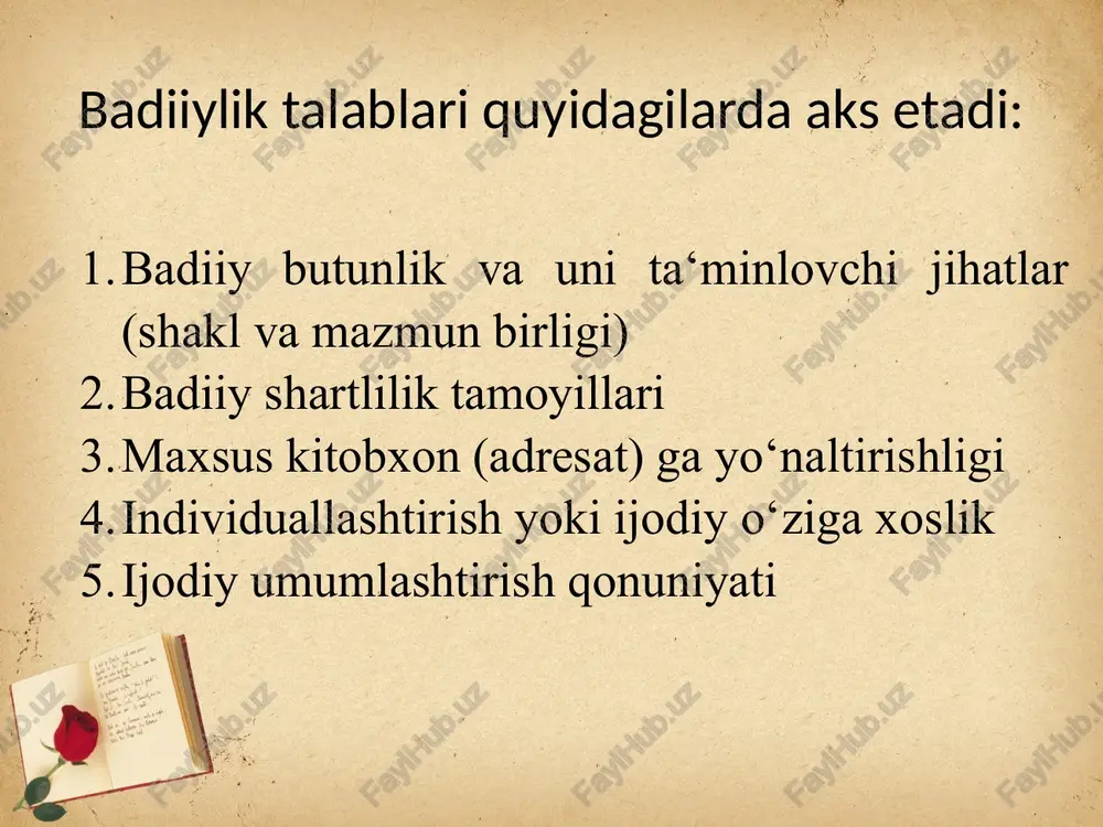 kitobxon yoki mutaxassis) adresatga yo‘naltirilganlik qonuni individullashtirish qonuni, yoki ijodiy originallik ijodiy umumlashtirish (sho‘ro adabiyotshunosligida tipiklashtirish). bu qonuniyatlar ayrim manbalarda badiiylik moduslari deb yuritiladi. v.tyupa yuqorida tilga olingan qonuniyatlarni hisobga olgan holda pafos turlari (qahramonlik, satira, yumor, fojiaviylik v.b.)ni hamda idillik, ironik, elegik modus turlarini farqlaydi. lekin san’at asarining badiiylik tabiatini o‘rganuvchi yagona qat’iy qoidani joriy qilib bo‘lmaydi. chunki estetik faoliyat turlari ko‘p bo‘lgani kabi har bir san’at asarining o‘ziga munosib tarzda belgilangan tashqi va ichki xususiyatlari doirasi bo‘ladi. bu jarayonni har bir adib o‘ziga kechirgani kabi har bir matnda badiiylik o‘ziga xos tarzda yuzaga chiqadi badiiylik qonuniyatlari zamon va makon kesimida o‘zgarishi ham mumkin. antik estetlar yaratgan badiiylik qonuniyatlari bilan gegel estetikasidagi badiiylikdan farq qilgani kabi sharq badiiylik tizimi g‘arbiy evropa badiiylik qonuniyatlaridan ham farqlanadi. badiiylik har bir milliy-estetik tajribadan kelib chiqqan holda ham o‘ziga xos jihatlar bilan boyishi mumkin savol va topshiriqlar badiiy adabiyot spetsifikasi deganda nimani tushunasiz? …