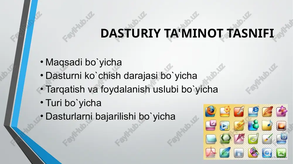 gi taqdim etilgan ma'lumotlarni birlashtiradi, yani: matn, tovush, video ketma-ketliklar, animatsiya, statik tasvirlar va gipermatnlar. multimediya dasturlarini quyidagilarga ajratish mumkun: playerlar taqdimot va animatsion grafiklar ovoz va videolarni qayta ishlovchi dasturlar tarjima dasturlari ma’lumotlarni bitta tildan boshqasiga tarjima qilishga mo`ljallangan . so'zlarni tarjima qilish uchun lug'at dasturlari (abbyy lingvo) va to'liq matnlarni tarjima qilish uchun avtomatik tarjima dasturlari mavjud (promt) elektron lug'atlar va entsiklopediyalar - oddiy lug'atlar va entsiklopediyalarning elektron versiyasi, ko'pincha kerakli so'zlarni topish uchun qulay dastur. imlo xatolarni tekshirgichlar, sintaksis, tinish belgilari va matn uslubini boshqarish uchun mo'ljallangan. ushbu dasturlar sizga xatolarni topishga va ularni tuzatish yo'llarini taklif qilishga imkon beradi. bunday dasturning misoli microsoft office to'plamiga o'rnatilgan imlo tekshiruvchisi bo'lishi mumkin. matinlarni aniqlash (tanib olish) vositalari hujjatlarning bosma nusxalarini elektron shaklga avtomatik tarjima qilish uchun ishlatiladi. masalan, finereader dasturi. integrallashgan paketlar integratsiyalashgan paketlar - bu vazifalar kompleksini hal qilishga va paketdagi barcha dasturlar bilan foydalanuvchining o'zaro ta'sirining …