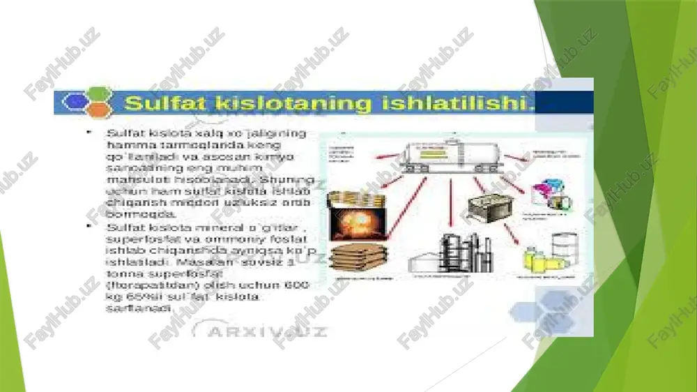 ; 8 — ikkinchi nasadkali monogidratlt absarber, 9 — quvurl isigalmashgich; 10 — kontakt apparati; 11 — oleumli adsorber, 12 — birinchi monopidralt adsorber; i — sovutlgan kislota; il ~ sovutishgs yuborigan kislota; ti — suyuq h:so«, tv — sovutilgan suyug h:8os youd suv; 'v — sovutilgan oleum yoki monogidrat; vi — sovutishga yuborilgan oleum. kontakt usulida sulfat kislota ishlab chiqgar' texnologiyasi sxemasi podogrev gaza bayon qilingan butun jarayonni quyidagi ixchamlashgan ko’rinishga olib kelish mumkin: oleum 80% h 2 so 4 20% so 3 kuporos moyi 92,5% h 2 so 4 7,5% n 2 o asosiy operatsiyalar oraliq mahsulot tayyor maxsulot ishlab chikarish xom ashyosi /docprops/thumbnail.jpeg