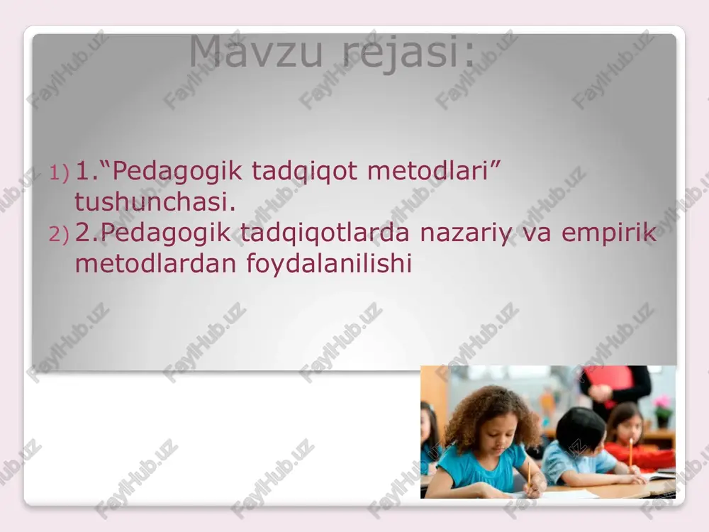 ___ 38.xammadan xam_____________________________ odamlarni yaxshi kuraman. 39. agar men yana yosh bulib kolsam edi_______________________________ 40.kupchilik ayollar (erkaklar)_________________________ deb uylayman. 41. agar menda me'yordagi jinsiy xayot bulganida__________________________ 42. kupchilik menga tanish oilalar____________________________________ 43. men_____________________________ odamlar bilan ishlashni yoktiraman. xar bir gurux gaplari buyicha ijobiy, salbiy va befark tarzdagi munosabat tizimini belgilovchi xulosalar beriladi. misollar va javoblar variantlarini baxosi: menga tanish bulgan kup oilalar baxtsiz, axil emas, tarkok______________________- 2 asabiy, unchalik axil emas_____________________ - 1 xammasi bir xil_____________________________ - 0 kelajak men uchun tashvishli, yomon, tushunib bulmaydigandek__________ - 2 mavxum_________________________________________ - 1 noanik, noma'lum________________________________ - 0 mustaqil ta'lim savollari: pedagogik tadqiqot metodlarining tasnifi. adabiyotlar va arxiv materiallarini o'rganish. nazariy metodologik adabiyotlarni o'rganish. mavzuga doir ilmiy adabiyotlar. pedagogik tadqiqotning kuzatish metodi. pedagogik tadqiqotning test metodi. pedagogik tadqiqotning so'rov anketa metodi. pedagogik tadqiqotning sotsiometrik metodi. pedagogik tadqiqotning eksperiment metodi. pedagogik tadqiqotning ilg'or pedagogik tajribalarni o'rganish metodi. e'tiboringiz uchun rahmat! image2.jpeg image3.jpeg image4.jpeg image5.jpeg image6.jpeg …