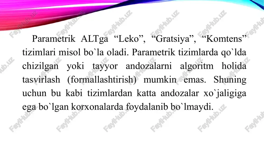 hlab chiqarish jarayonlarining o`zaro bog`liqligi, konstruktorlik masalarning kompleks yechimga egaligi baxolash, saprga ketadigan xarajatlar miqdori va ularning qoplanish imkoniyati. saprni tanlash mezonlari quyidagilar: - tizimning funktsionalligi- ya’ni korxonadagi muayyan masalalarni yechishni ta’minlash va korporativ tarzda ishlash imkoniyati; - qulay interfeys ya’ni alt bilan muloqot tabiiy ravishda bo`lishi, namoyish versiyalarining mavjudligi; - unumdorlik, ya’ni alt qo`llanishi xisobiga ish vaqtini tejalishi, boshqa programmalarga va qo`l mehnatiga ketgan vaqt va mehnatga nisbatan operatsiyalarni bajarish tezligi va mehnat sarfining tejalishi; - standartlarga moslik, ya’ni yeskd talablariga mos holda loyiha xujjatlarini tayyorlash imkoniyati, chet el hamkorlari bilan ishlashda boshqa turdagi cad tizimlari bilan birgalikda ishlay olishi; - dinamiklik, ya’ni rivojlanish- alt faqat bugun ishlab chiqariladigan maxsulotga emas, ertangi maxsulot xususiyatlarini ham inobatga olishi, doimo rivojlanib takomillashib borishi, bir necha xil maxsulotlar turi bilan ishlash imkoniyatiga ega bo`lishi; - ommaviylik, ya’ni uning foydalanuvchilar ichida keng tarqalganligi; - servis xizmatining mavjudligi, alt sotuvchi va servis xizmatlarini ko`rsatuvchi …