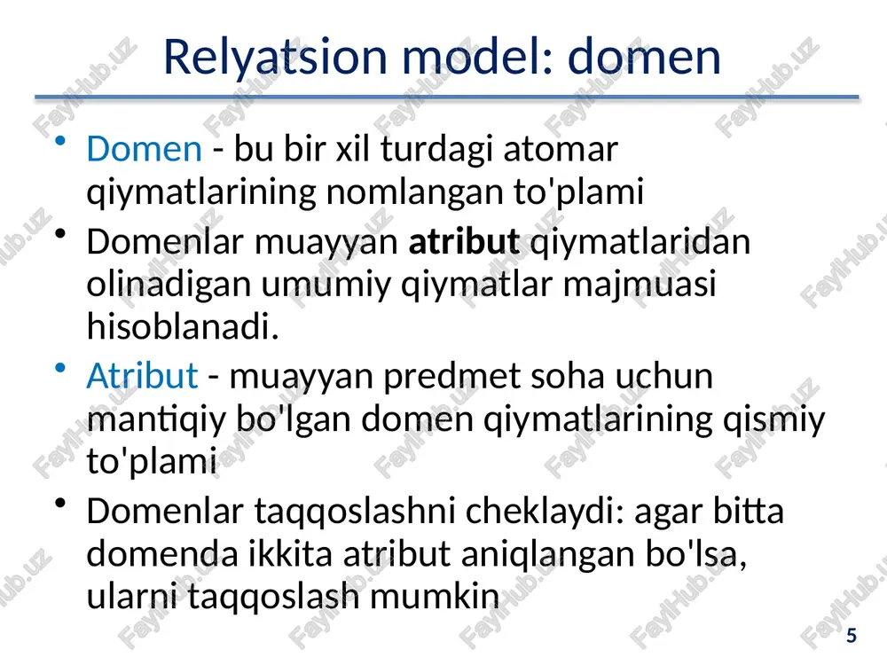 xlitlik atribut xossalariga cheklovlarni belgilash orqali ishlab chiquvchi tomonidan o'rnatiladi cheklovlarning turlari : qiymatlar nodirligi belgilash majburiy to'ldirishni amalga oshirish jimlik bo‘yicha qiymat berish qiymatlar diapozoniga kirish qiymat to'plamiga tegishlilik 34 34 relatsion model: amallar 35 35 relatsion algebra: tur bo‘yicha moslik ikki munosabatlar tipi bo‘yicha mos bo‘ladi, agar ular ekvivalent sxemalarga ega bo'lsa, ya’ni:: agar ularning har biri aynan bir xil atributlar to‘plamiga ega bo'lsa agar sxemalardagi atributlarni solishtiriadigan atributlari bir xil joylarda joylashtirish mumkin bo'lsa 36 36 relatsion algebra: tur bo‘yicha moslik 37 37 relyatsion algebra: birlashish birlashish: turi bo‘yicha mos ikkita a va b munosabatlarning birlashmasi deb, belgilangan ikkita munosabatlardan biriga yoki ikkalasiga tegishli barcha kortejlarni o'z ichiga olgan munosabatga aytiladi. 38 38 relyatsion algebra: birlashish misol: 39 39 relyatsion algebra: kesishish kesishish: turi bo‘yicha mos ikkita a va b munosabatlarning kesishmasi deb, bir vaqtning o'zida ikkita berilangan munosabatlarga tegishli barcha kortejlarni o'z ichiga olgan munosabatga aytiladi. …