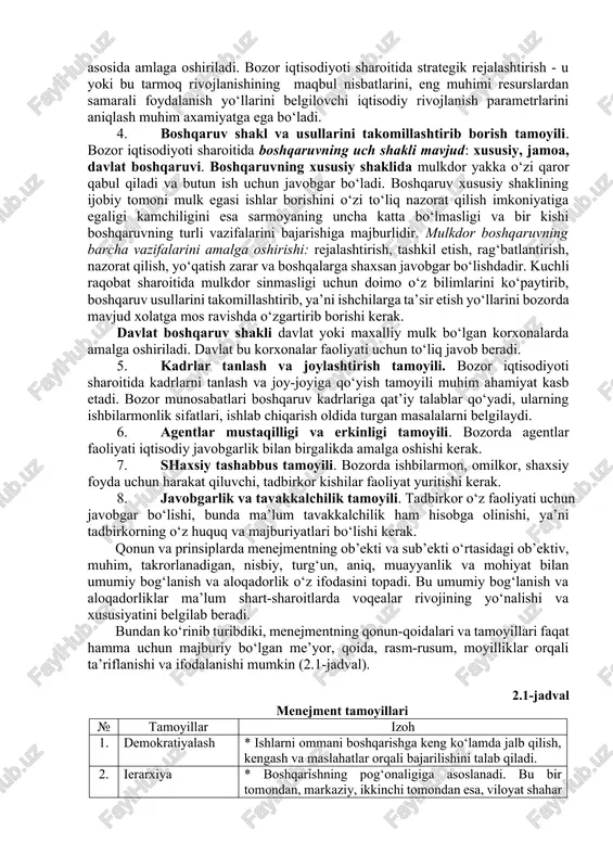 osiy qoidasidir. ilmiy adabiyotlarda odatda boshqaruv tamoyillari deganda iqtisodiyotga rahbarlik qilishda asoslaniladigan asosiy qoida, yo‘l-yo‘riq, xulq me’yorlari tushuniladi. boshqaruv tamoyillari iqtisodiyot qonunlari ta’siri natijasida boshqaruv usullariga bog‘liq xodisalar mohiyatini aks ettiradi. boshqaruv mexanizmi sxemasini quyidagicha ifodalash mumkin: qonunlar tamoyillar usullar uslublar. boshqaruv tamoyillari o‘zaro bog‘liq va birgalikda qo‘llanilishi lozim. asosiy tamoyillarga quyidagilar kiradi: 1. boshqaruvda yakkaboshchilik va kollegiyalik tamoyili. yakkaboshchilik tamoyili bevosita ishlab chiqarishda ishlab chiqarish personali a’zolarining yagona rahbar buyruqlariga qat’iy bo‘ysunushini talab qiladi. yuqori darajadagi rahbar quyi bo‘g‘in rahbari vakolatiga kiruvchi masalalarni hal etmasligi lozim. bu tamoyilni amalga oshirishning asosiy sharti har bir ijrochining huquq, burch, majburiyatlarini qat’iy belgilab qo‘yishdir. yagona boshchilik kollegiallik, qabul qilinadigan qarorlar oshkaraligi bilan qo‘shib olib borilishi kerak. kollegiallik intizom, rahbar, yagona shaxs irodasiga so‘zsiz bo‘ysunush bilan birga amalga oshishi kerak. demokratiya, oshkoralik har bir kishiga o‘z fuqarolik qarashlarini namoyon qilish, boshqaruv qarorlarini ishlab chiqish va qabul qilishda faol qatnashish uchun imkon yaratadi. 1. …