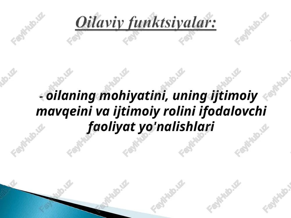 imiyat munosabatlarining turlari bo'yicha d) bolalar soni bo‘yicha g) uy vazifalarini taqsimlash tabiati bo'yicha 3) oila tuzilishi bo'yicha nikoh nikoh