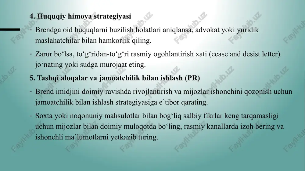 ir guruhlarga ajratish mumkin. 1. boshqalarning tovar belgisini o‘zlashtirishning birinchi guruhini boshlang‘ich nomdan, chunonchi, uning shakli – ovoz va harf ko‘riishidagi qiyofasi bo‘yicha kommunikativ asoslarda to‘laligicha «parazit(tekinxo‘r)» bo‘ladigan nomlar tashkil qiladi. bunday qalbaki tovarlar ko‘pincha uchinchi dunyo mamlakatlarida ishlab chiqarilgan arzon mahsulotlar nomlarida uchraydi. bunda bir vaqtning o‘zida tovar nomining turli grafik tarkibiy qismlarlari o‘zgaradigan bir nechta nom mavjud bo‘lishi mumkin. masalan, mashhur brend adidas bir nechta o‘zlashtirma nomlarga ega: adibas, adias, abibas; l'oreal – layrel, l'orsse, j'oreade; casio – kasio, radio, cazio; armani – marani; dolce & gabbana – dolche & gabana va b. ushbu holatda mashhur boshlang‘ich nom iste’molchi ongida sifatli tovar bilan barqaror bog‘liqlikka ega bo‘lgan holda identifikatsiya funktsiyasini bajaradi. 2. boshqalarning tovar nomini o‘zlashtirishning ikkinchi guruhini mimikriya- nomlar tashkil qilib, ularda stimul-so‘zning shaklini o‘zgartirish hisobiga yaqinlik hisobiga assotsiativ aloqa shakllanadi. masalan, chet tilidagi mashhur nomlarning ovoz va harfdan iborat tarkibi original nomni biroz yaxshilagan holda o‘zgartiriladi: …