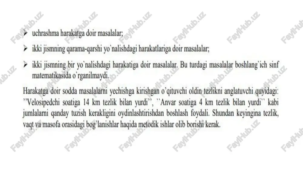 ehi bir-biriga qarab yo’lga chigdi, uchrashgunga qadar bir o’quvchi 50 m yurdi. ikkinchi o’quvchi necha metr yurgan? shundan keyin o’gituvchi o’quvchilarga harakatga doir masalalarda ko’p uchraydigan “bir vaqtda va harakat qilayotgan jismning yo'ldagi vaqti va tezligi hagida qanday xulosalar chigarish kerakligini tushuntirishi lozim. boshlang’ich sinf matematika darslarida asosan uchrashma harakatga doir shunday masalalar beriladiki, ularda jismlar bir vaqtda harakatni to’xtatadi. bu masalalarda to’rtta o°zaro bog'liq miqdorlar ustida so’z boradi. bularga s, vi, v2, t lar kiradi. bunda s- harakatning nugtalari orasidagi masofa; vi va v2 — harakat gilayotgan jismlarning tezliklari; t- harakat vaqti. bundan ushbu ‘gruppaga 4 xil masala kiradi, degan xulosaga kelish mumkin. ammo v; va v2 jismlarning tezliklarini topish bir xilda hal qilishni talab qiladi. bularga quyidagilar kiradi: berilgan jismlarning tezliklari va harakat vaqtiga ko’ra masofani topishga doir maslalar; jismlarning tezliklari va masofa ma’lum bo’iganda, ularga ko’ra vaqtni topishga doir masalalar; harakat qilayotgan jismlardan birining tezligini berilgan masofa, …
