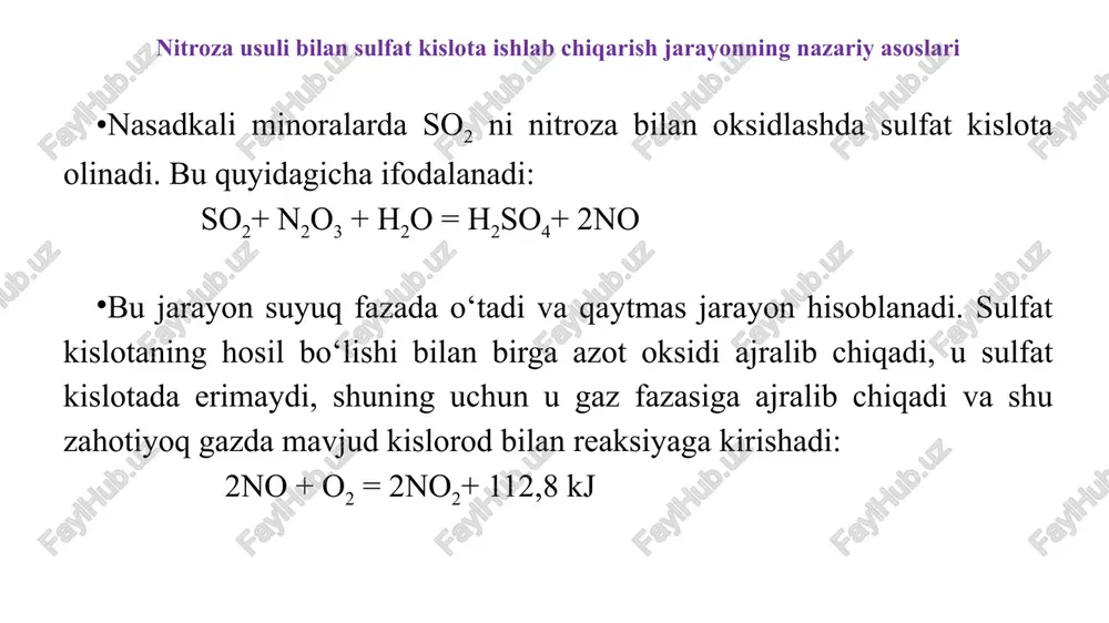 sir ko‘rsatadi. uning katta konsentratsiyalari bo‘gilish, nafas qisilishiga olib keladi. ishchi xonalarda so2, ning yol qo‘yiladigan konsentratsiyasi 10 mg/m3 bo’ladi. so2 ta’siridan himoyalanish uchun filtrlovchi «v» yoki «bkf» markali protivogazlardan foydalaniladi. kuchli shikastlangandan zarar ko‘rgan kishini xonadan tashqariga toza havoga olib chiqish, kislorod berish zarur. kerak bo’lgan hollarda tez tibbiy yordamni chaqirish lozim. so3 oltingugurt (vi) oksidi nafas yo’llarini qichitib, qattiq yo’talni qo‘zg‘atadi, o‘pkaning yalligdanishiga sabab bo’ladi. ishchi xonada so3 ning yo’l qo‘yiladigan konsentratsiyasi chegarasi 1mg/m3 atrofida bo’lishi mumkin. himoyalanish uchun «vkf» markali protivogazdan foydalaniladi. zaharlanganda 2 % li ichimlik sodasi bilan tomoqni chayish, tezda shifokorga murojaat etish lozim. sulfat kislota va oleum kishi tanasiga tekkanida kuchli, tez bitmaydigan kuydirishga sabab bodadi. tananing katta qismini kuydirish bilan shikastlashi juda xavfli. teriga sulfat kislota yoki oleum tekkanda uni bosim bilan oqayotgan suv bilan tezda yuvib tashlash kerak. so‘ngra terining kuygan joyini 5 % li soda eritmasi bilan namlab, vazelin surtib qo‘yish …