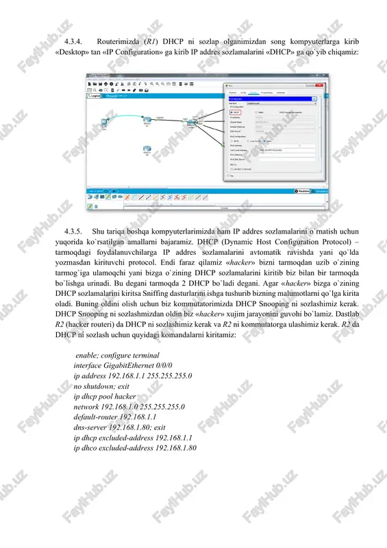 komandalarni kiritamiz: enable configure terminal ip dhcp snooping vlan 1 interface fastethernet 0/1 ip dhcp snooping trust exit 4.3.7. r1 sozlash rejimiga quyidagi komandani kiritamiz: ip dhcp relay information trust-all 4.3.8. yuqoridagi sozlamalarni kiritganimizdan so`ng keyingi bosqichda dhcp snooping qaysi portga ulanganligini tekshirib ko`ramiz. buning uchun quyidagi komandani kommutator sozlash rejimiga kiritamiz: do show ip dhcp snooping yuqoridagi sozlamalar o`rnatilganidan so`ng lokal tarmoqqa «hacker» ulangan taqdirda ham «hacker» o`zining ip addres sozlamalarini tarmoqdagi kompyuterlarga kirita olmaydi. sababi biz kommutatorda dhcp snooping ni ishga tushirdik. 4.4. topshiriq 1. dhcp protokoli haqida tushinchaga ega bo’lish 2. dhcp snooping haqida tushunchaga ega bo’lish 3. cpt dasturida dhcp snooping ni sozlash 4.5. nazorat savollari 1. telnet protokoli nima? 2. ssh protokoli nima? 3. dhcp nima? 4. dhcp snooping nima? 5. sniffing nima? 6. ospf va rip nima? 7. topologiya nima? 8. port xavfsizligi (port security) nima? topshiriq 1. dhcp protokolini o’rganib chiqish 2. cpt …