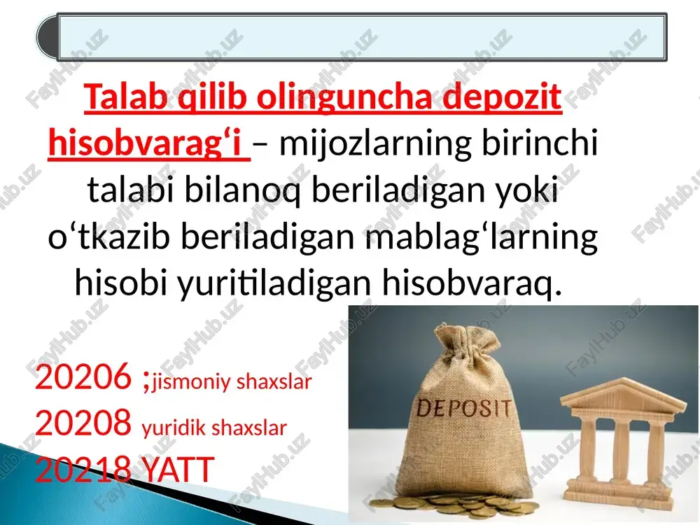 ing budjetdan tashqari mablag‘lari asosidagi jamg‘arma depozitlari bo‘yicha foizli xarajatlar 5 50606 jismoniy shaxslarning jamg‘arma depozitlari bo‘yicha foizli xarajatlar 6 50608 xususiy korxonalar, xo‘jalik shirkatlari va jamiyatlarning jamg‘arma depozitlari bo‘yicha foizli xarajatlar 7 50611 davlat korxonalari, tashkilotlari va muassasalarining jamg‘arma depozitlari bo‘yicha foizli xarajatlar 8 50614 chet el kapitali ishtirokidagi korxonalarning jamg‘arma depozitlari bo‘yicha foizli xarajatlar 9 50616 nodavlat notijorat tashkilotlarining jamg‘arma depozitlari bo‘yicha foizli xarajatlar 10 50618 yakka tartibdagi tadbirkorlarning jamg‘arma depozitlari bo‘yicha foizli xarajatlar 11 50621 bank bo‘lmagan moliyaviy muassasalarning jamg‘arma depozitlari bo‘yicha foizli xarajatlar 12 50626 boshqa mijozlarning jamg‘arma depozitlari bo‘yicha foizli xarajatlar muddatli depozitlar bo‘yicha foizli xarajatlar № hv. mazmuni 1 51100 muddatli depozitlar bo‘yicha foizli xarajatlar 2 51101 hukumatning budjetdan tashqari mablag‘lari asosidagi muddatli depozitlari bo‘yicha foizli xarajatlar 3 51103 respublika budjetidan moliyalashtiriladigan budjet tashkilotlarining budjetdan tashqari mablag‘lari asosidagi muddatli depozitlari bo‘yicha foizli xarajatlar 4 51104 mahalliy (tuman/shahar viloyat yoki qoraqalpog‘iston respublikasi) budjet hisobidan moliyalashtiriladigan …