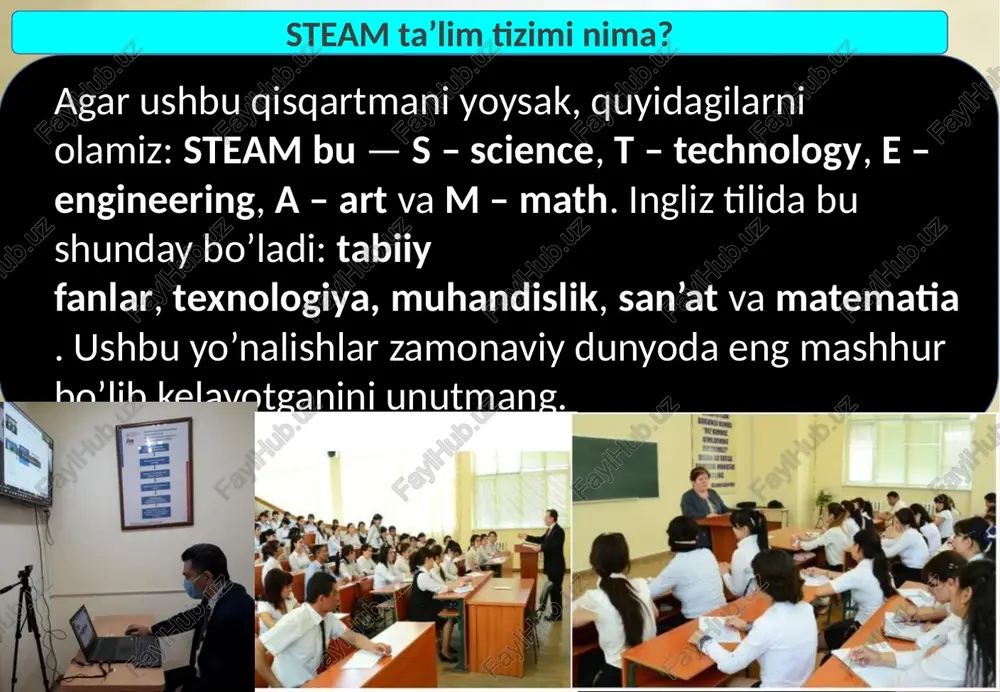 bilishingiz kerak. qizlar uchun steam-ta’lim dasturlari kerak. ilm-fan sohasidagi qizlar, ularning tartibliligi tufayli, o’g’il bolalar qila olmaydigan narsalarni qilishlari mumkin. science is fun! ilm-fan quvnoq bo’lishi kerak, u o’quvchilar uchun qiziqarli va o’ziga jalb qiluvchi bo’lishi kerak. xulosa qilib aytganda xulosa qilib aytganda, shuni ta’kidlashni istardikki, an’anaviy o’qitish uslublari bilan taqqoslaganda, o’rta maktabdagi steam yondashuvi bolalarni tajribalar o’tkazishga, modellar tuzishga, mustaqil ravishda musiqa va filmlar yaratishga, o’z g’oyalarini haqiqatga aylantirishga va yakuniy mahsulotni yaratishga undaydi. ushbu ta’lim yondashuvi bolalarga nazariya va amaliy ko’nikmalarni samarali tarzda birlashtirishga imkon beradi va universitetga kirish va keyingi o’qishni osonlashtiradi. tashxisning mohiyati haqida ga`irishdan oldin tashxisni umumiy yondashuv hamda tashxislashni amaliy pedagogik faoliyat jarayoni sifatida farqlab olaylik. diagnostika (tashxis)—bu bu didaktik jarayon kechadigan barcha sharoitlarni oydinlashtirish, uning natijalarini belgilash demak. tashxissiz didaktik jarayonni samarali boshqarish, mavjud sharoit uchun optimal natijalarga erishish mumkin emas. tashxislash ta’lim olganlikni tashxislash orqali erishilgan natijalar va ta’lim olganlik ajratib olinadi. …