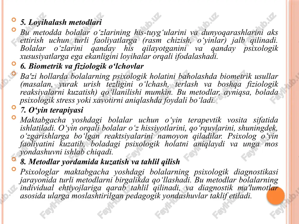 ga oʻtib ketgan boʻlmasligi, bir savoldan boshqasiga oʻtishda mavzu keskin oʻzgartirilmasligi lozim. 3. savollarning tashqi ifodalanishi bolalarni u bilan ishlashga jalb eta olishi kerak (simmetrik toʻgʻri boʻlishi ogʻzaki murojaat orqali beriladigan savollar chiroyli va tushunarli boʻlishi zarur). 4. bolalarning individual xususiyatlari va soʻrovning uzunligi bir-biriga mos boʻlishi zarur. 5. soʻrov soʻngida bolaga minnatdorchilik va tashakkur izhor etilishi-“javoblaringiz uchun tashakkur”, “yordamingiz uchun katta rahmat aytish maqsadga muvofiq. suhbat metodini oʻtkazishda quyidagilarga rioya qilish talab etiladi: suhbatning mavzusi va mazmuni bolalarning taraqqiyot darajalariga va yosh xususiyatlariga mos boʻlishi kerak. savollar rejali va maqsad asosida tuzilishi kerak. suhbat paytida «ha» yoki «yoʻq» demay, tuliq javob olish kerak. suhbatni haddan tashqari choʻzib yubormaslik kerak. suhbat orqali bolalarning bilishlari, narsa va hodisalar haqida tasavvurlari, qiziqishlari va odamlar bilan boʻlgan munosabatlarni oʻrganish mumkin. 2. maktabgacha ta’limda xodimlar va ota-onalar o‘rtasida test va anonim so‘rovnomalar o‘tkazish — bu maktabgacha ta'lim muassasalarida bolalar rivojlanishini yaxshilash va ularning psixologik, …