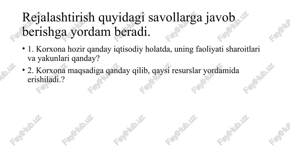 minlash. (umumiylik) va : i" . 1 tizimlilik 2. barcha bo’linma va faoliyat sohalarining xususiy rejalarij lo’zaro bo g’liqlikda umumiy rejani tashkil etishi lozim. 3.qaror qabul qilishda ahamiyatga ega bo’lgan barchal lomillarni rejaga kiritish. 1. har bir reja qo’yilgan maqsadga erishish uchun yetarlil aniqlilik \darajadagi aniqlikda tuzilishi lozim. 2. operativ rejalardan uzoq muddatli rejalarga o’tilishi bilan| laniqlilik darajasi pasayib borishi mumkin. 1. personalning rejalashtirish jarayonidagi aktiv ishtiroki uning| . . ishga bo’lgan munosabatini o’zgartiradi. ishtirok etish 2.o’zi uchun rejalashtirish psixologik va iqtisodiy jihatdan| samaralirog hisoblanadi. /docprops/thumbnail.jpeg bozor iqtisodiyoti sharoitida rejalashtirish va bashoratlash