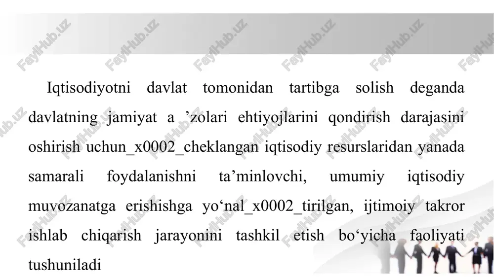 ijtimoiy, iqtisodiy va mudofaa xarajatlarini moliyalashtirish. misol: soliqlardan tushgan mablag‘ ta’lim, sog‘liqni saqlash, infratuzilma va xavfsizlik sohalariga yo‘naltiriladi. soliqlarning asosiy funksiyalari 2. ta’sirchan (tartibga soluvchi) funktsiya: iqtisodiyotning turli tarmoqlarini rivojlantirish yoki cheklash. investitsiyalarni rag‘batlantirish va ishlab chiqarishni rivojlantirish. bozor muvozanatini saqlash. misol:yuqori aksiz soliqlari – alkogol va tamaki mahsulotlarining iste’molini kamaytirishga qaratilgan. soliq imtiyozlari – innovatsion texnologiyalar va kichik biznesni qo‘llab-quvvatlash uchun joriy etiladi. soliqlarning asosiy funksiyalari 3. qayta taqsimlash funktsiyasi: fuqarolar va korxonalar daromadlarini jamiyatda qayta taqsimlash. kambag‘al qatlamlarni ijtimoiy himoya qilish. misol: boy fuqarolar va yirik korxonalardan olinadigan soliq tushumlari pensiya va nafaqalar, ijtimoiy yordam dasturlariga yo‘naltiriladi. soliqlarning asosiy funksiyalari 4. nazorat (monitoring) funktsiyasi: davlat iqtisodiy faoliyatni nazorat qilish imkoniyatiga ega bo‘ladi. soliq to‘lovchilarning daromadlari va moliyaviy harakatlarini kuzatish. misol: katta daromad manbalaridan soliq olinishi orqali yashirin iqtisodiyotning oldi olinadi. korxonalar moliyaviy hisobotlarni taqdim etish orqali iqtisodiy intizomni saqlaydi. soliqlarning asosiy funksiyalar 5. rag‘batlantiruvchi funktsiya: korxonalar va aholini …