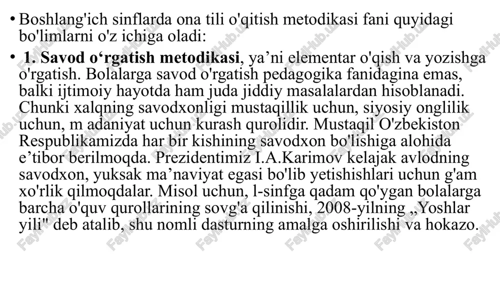 qotmaslikka o'rgatish juda muhimdir. bu vazifani savod o'rgatishning boshlang'ich bosqichida xatcho'p (o'qiyotgan betni belgilab qo'yish uchun kitob ichiga solib qo'yiladigan qog'oz yoki lentacha) va tayoqcha bajaradi. o'qilayotgan qatorni kuzatib borish ko'nikmasiga sinf o'quvchilaridan o'rtog'ining xatosini to'g'rilashni talab qilish yo'li bilan ham erishiladi. o'quvchilar bu talabni qiziqib bajaradilar, shu yo'l bilan ularning darsga, o‘qishga e’tibori jalb etiladi. demak, o'quvchilarni o'qishga o'rgatish, ularning o'qish sur’atini oshirish, ifodali va ongli o'qish elementlarini shakllantirish, tarbiyalash o'qish darslarining muhim vazifalari hisoblanadi. image1.jpeg image2.jpeg image3.jpeg image4.jpeg image5.jpeg image6.jpeg image7.jpeg image8.jpeg image9.jpeg image10.jpeg image11.jpeg image12.jpeg sut ogacha tayyorgarlik davri aw iis lie [bu bosqichda o’quvchilarga og‘zaki va bu davrning asosiy vazifasi_ yozma nutq hagqida, gap, so’z, bo’g‘in va o’quvchilami maktab, sinf, tartib- | tovushlar haqida, nutqning —_gaplardan, intizom qoidalari va 0’ quv gaplarning so’zlardan tuzilishi, so’zlaming qurollari bilan tanishtirish, nutq || po’g‘inlarga _bo’linishi, _bo’g‘inlarning o’stirishga oid mashglaro o’tkazib, | | t6vushlardan tashkil topishi haqida ma’lumot fonematik eshitishni …