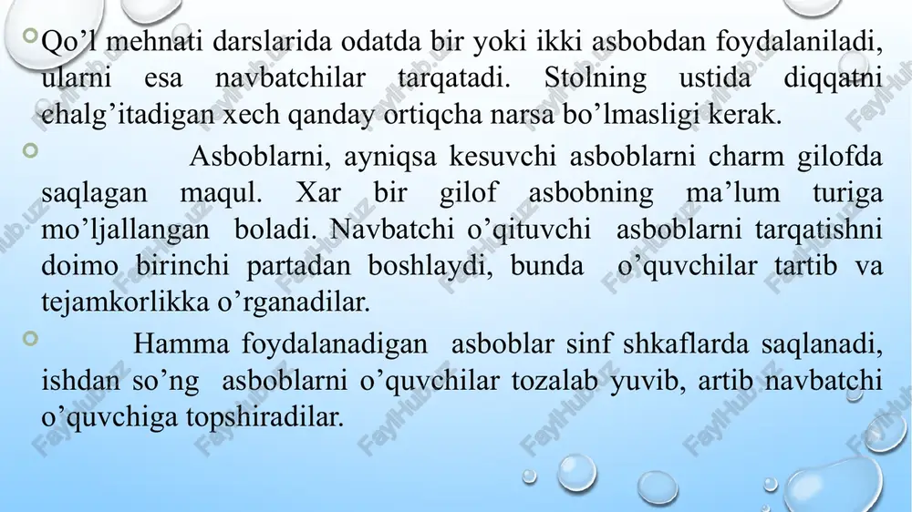 qaramay sinfda baxtsiz xodisa ro’y bersa, o’qituvchi birinchi yordamni ko’rsatishi va maktab hamshirasini chaqirishi lozim. ish xonasida yod, bint solingan dori quti bo’lishi shart. e’ tiboringiz uchun rahmat /docprops/thumbnail.jpeg “mavzu: texalofiyaaati vatexnolosik vost re rere peerees 2, texnologk vosiar, 2. inson va exnologiva acteanoloylk jaryonda texaologik asian plan oie tad)