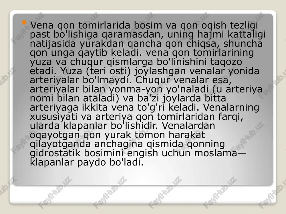 v. apicoposterior — chap o'pka yuqori bo’lagi uchidagi orqa vena; 2) v. anterior chap o’pka yuqori bo’lagining oldingi venasi; 3) v. iingularis — chap o'pka yurori bo'lagining tilcha venasi. iv. vena pulmanalis sinistra inferior— chap o'pka pastki bo'lagi venasiga quyiladigan venalar: 1) v. superior - chap o'pka pastki bo'lagining yuqori venasi; 2) v. basalis communis — chap o'pka pastki bo'lagining asosidagi umumiy vena; 3) v.basalis superior— chap o'pka pastki bo'lagining asosidagi ustki vena; 4) v.basalis inferior — chap o'pka pastki bo'lagining asosidagi pastki vena y uqori kovak vena ikkita yelka-bo'yin — v. brachiocephalica dextra et sinistra laming qo'shilishidan hosil bo'ladi. y uqori kovak vena yurakning o'ng bo'lmachasiga quyiladi. har bir yelka-bo'yin venasi o'mrov osti venasi — v. subclavia va ichki bo'yinturuq venasi - v. jugularis internae laming o'zaro birikishidan hosil bo'ladi. v. brachiocephalicae dextra et sinistra - yelka-bo'yin venalari ko'krak qafasi devori va uning ichida joylashgan a’zo venalarini qabul qiladi. …