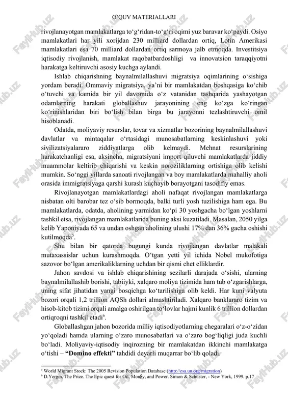 dastlab milliy investitsiyalarni jalb etsa, keyin to‘g‘ridan-to‘g‘ri xorijiy investitsiyalarning mamlakatdan oqib chiqish jarayoni boshlanadi; - globallashuvning ijobiy natijasi ta’sirida transport va kommunikatsiya xarajatlari qisqaradi va bu, o‘z navbatida, ko‘lam samarasi orqali tejamkorlikka olib keladi, xarajatlar kamayadi va barqaror iqtisodiy o‘sish yuz beradi. ilg‘or texnologiyalarning tarqalishi, ishlab chiqarish jarayonlarining uzluksiz yangilanishi va modernizatsiyasi natijasida globallashuv yuqori mehnat unumdorligi, yuqori ish haqi va yuksak turmush darajasiga olib keladi. 5.2. globallashuv oqibatlari iqtisodiy globallashuv, avvalo, tovarlar, kapital va mehnat resurslarining global integratsiyasidir. bu ikki jarayon kapital, mehnat, tovar va xizmat bozorlari va iqtisodiy shakllar, ya’ni iqtisodiyot tashkiliy tuzilmalarining globallashuvi bilan ifodalanadi. davlatlarning o‘sib borayotgan o‘zaro iqtisodiy bog‘liqligi sharoitida ko‘p funksiyali xalqaro institutlar – xalqaro valyuta fondi (xvf), jahon banki (jb) va jahon savdo tashkiloti (jst) paydo bo‘ldi. xvfning roli a’zo mamlakatlardagi makroiqtisodiy vaziyatga budjet va tashqi savdo tanqisligini kamaytirish, inflyatsiyani kamaytirish, pul-kredit siyosatini yaxshilash va tashqi qarz olishni boshqarishga yordam berish orqali ta’sir …