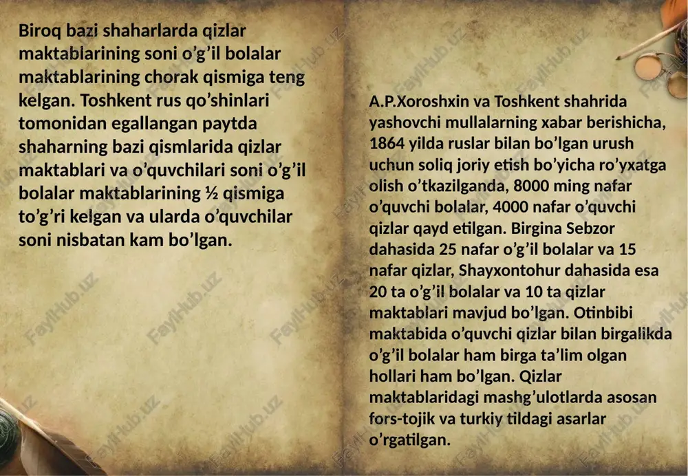 ng diniy asoslari bilan birlashtrish yo’lida qizg’in kurash olib bordi. ismoilbek gaspirali turkiy xalqlarning milliy mustaqilligi uchun kurashgan ismoilbek gaspirali o’z navbatda jadidchilik oqimining asoschisi sifatida dunyoga tanildi. ko’p yurtlarda safarda bo’lgan ismoilbek gaspirali xalq taraqqiyoti birinchi navbatda maorifga bog’liq ekanligini anglab etb, jamiyatdagi tub o’zgarishlarni amalga oshirishni yangi usuldagi maktab tuzishdan boshladi. gaspirali tomonidan ochilgan yangi usuldagi maktab tez orada shuhrat qozondi. jadid maktablarining ommaviy tus olishiga asosiy sabab i.gaspirali tomonidan 1883 yildan boshlab nashr etla boshlangan “tarjimon” gazetasi bo’ldi. shu bilan birga ismoilbek gaspirali o’zi tashkil etgan maktab uchun bir qator darsliklar va o’quv qo’llanmalari ham yaratdi. uning yangi usuldagi maktab hayotga bag’ishlangan asarlari jumlasiga “hujai subyona”, “qirsat turki”, “rahbari muallimin” kabi darslik va o’quv qo’llanmalarini kiritsa bo’ladi. gaspiralining ushbu asarlari o’quv jarayonini tashkil etsh, darsliklarga qo’yiladigan talablar, musulmon o’quv adabiyotda qo’llaniladigan didaktk va metodik ko’rsatmalar bilan jadid maktablari taraqqiyotga ulkan hissa qo’shdi. i.gaspirali boshqa turkiy xalqlar qatori …