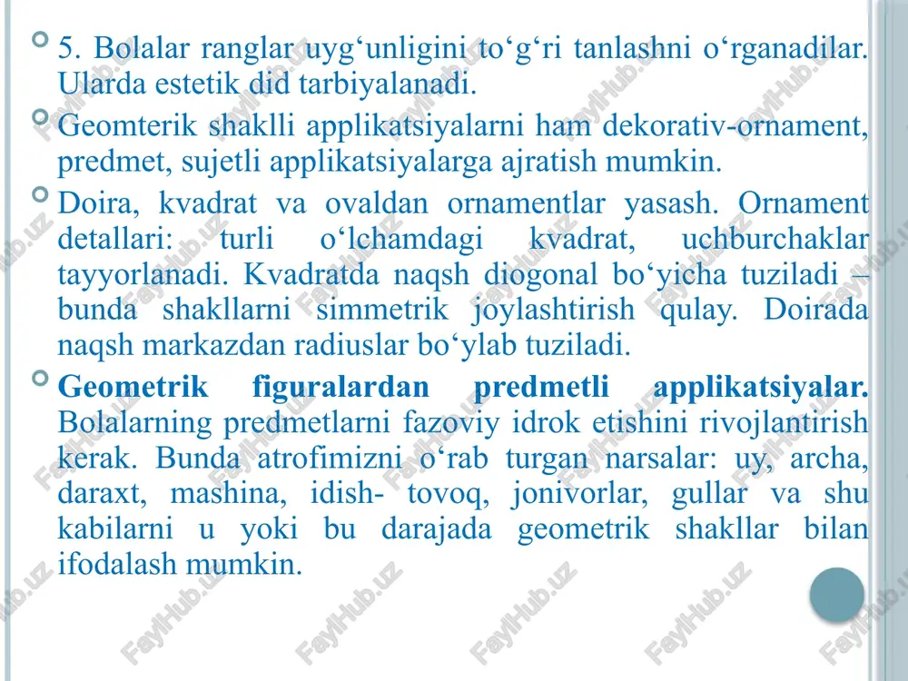 malash ko‘nikmalarini sinaydilar va rangli qog‘ozdan ingichka oq va sariq to‘g‘ri chiziqlarni qirqadilar. quyosh uchun kvadrat qog‘ozdan doira qirqsa bo‘ladi. bolalar yasagan gullar turlicha bo‘lishi mumkin. novdalar ham qo‘lda qirqiladi.suhbatni o‘qituvchi “8-mart kuni” haqida olib boradi va bunda sovg‘a masalasini eslatib o‘tadi. eng yaxshi sovg‘a o‘z qo‘li bilan yasagan sovg‘adir. suhbat mehribon buvijonlarimiz, onajonlarimiz, opa-singillarimiz haqida bo‘lishi mumkin. shundan keyin na’muna ko‘rib chiqiladi, uning elementlari, ish usullari, kerakli materiallar aniqlanadi va ishning borishi belgilanadi. 1. tabriknoma uchun rangli qog‘oz tayyorlanib, u ikkiga buklanadi; 2. ko‘k rangdagi qog‘ozga to‘g‘ri burchak chiziladi, uning o‘lchami uzunasiga, tabriknoma ustining uzunligidan 1 sm kam, eniga esa enining yarmidan 2sm atrofida kattaroq; 3. ko‘k qog‘ozdan qirqilgan to‘g‘ri burchak taklifnomaning ustiga yopishtiriladi, bunda ko‘k qog‘oz taklifnomani bo‘yashda halaqit bermasligi uchun bukish chizig‘ining chap tomonidan ozgina joy qoldirib yopishtiriladi; 4. endi quyosh va uning nurlari uchun yoy qirqiladi. buning uchun kvadrat shakldagi qog‘ozni kerakli o‘lchamda qirqiladi; 5. na’muna …