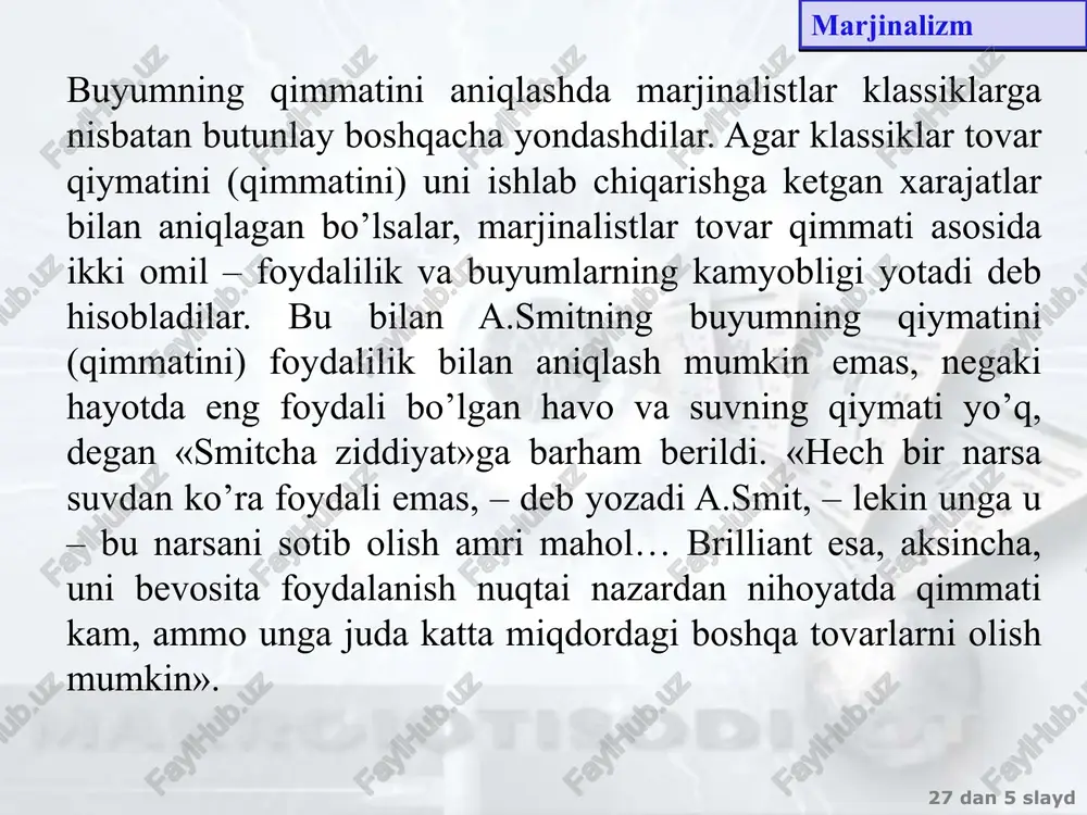 hi nazariy tizim yaratdi. 27 dan ‹#› slayd 12 mavzu. iqtisodiy o’sish qiymat va narxning shakllanishi a.marshallning asari vujudga kelgunga qadar tovar qiymati muammosiga bo’lgan ikki xil yondashuv mavjud bo’lgan: qiymat a)ishlab chiqarish xarajatlari; b)tovarning foydaliligi va noyobligi orqali aniqlangan. marshall inqilobi qiymatning birinchi sababini qidirishni tahlil qilishdan talab va taklifning shakllanish va o’zaro ta’sir ko’rsatish qonuniyatlarini o’rganishni tahlil qilishga o’tishning zarurligini asoslab berdi.qiymat nazariyasini baho nazariyasiga (yoki bozor muvozanati nazariyasi) turlantirdi. me’yorli foydalilik nazariyasini talab va taklif nazariyasi va ishlab chiqarish xarajatlarinazariyasi bilan birlashtirdi ishlab chiqarish xarajatlari tamoyillari va me’yorli foydalilik – talab va taklif qonunining asosiy qismlaridir. marjinalistlarni asosiy xatosi talab va taklif simmetriyasiga yetarlicha baho bermaganliklari,yutug’lari talab muammosiga e’tibor berganliklari hisoblanadi. 27 dan ‹#› slayd 12 mavzu. iqtisodiy o’sish qiymat 27 dan ‹#› slayd 12 mavzu. iqtisodiy o’sish talab taklif foiz stavka va talab bahosi foiz kamayishi bilan insonlar kam jamg’aradilar va aksincha. shogirdi j.m.keyns talab bahosi …