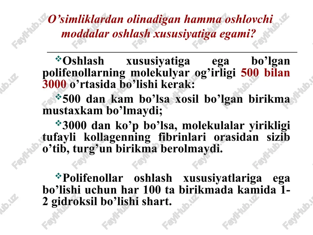 : (a – b)·0,004157·250·100·100 x% = -------------------------------------; m·25·(100 - w) bunda, x - tanidlarning % miqdori, 0,004157 – taninning kaliy permanganat 0,02 mol/l eritmasi bo’yicha titri (pirogallol guruh), 0,00582 - pirokatexin guruhi uchun); a – tanidlar va indigosulfon kislotani titrlash ichun sarf bo’lgan kaliy permanganatning 0,02 mol/l eritmasini ml miqdori; b – indigosulfon kislotani titrlash uchun sarf etilgan 0,02 mol/l li kaliy permanganat eritmasining ml miqdori; m – mahsulot og’irligi; w – mahsulot namligi. toshkent farmatsevtika instituti farmakognoziya kafedrasi professorlari r.l.xazanovich, x.x.xolmatovlar oshlovchi moddalarni mahsulotdagi miqdorini aniqlashni yangi usulini ishlab chiqganlar. bunga ko’ra tanidlarni ajratmadagi umumiy miqdori kmno4 eritmasi bilan titrlanadi, keyin ajratmadagi kondensatsiyalangan oshlovchi moddalar cho’ktirilib, gidrolizlanuvchi oshlovchi moddalar alohida titrlanadi. oxirgi miqdorini umumiy titrlashga ketgan miqdordan olib tashlansa, kondensatsiyalangan oshlovchi moddalarga sarf bo’lgan kmno4 ning ml miqdori kelib chiqadi. natijada har ikkala xil oshlovchi moddalarni % miqdorini alohida hisoblanadi. bu miqdorlar yig’indisi esa mahsulotdagi oshlovchi moddalarning umumiy miqdorini …