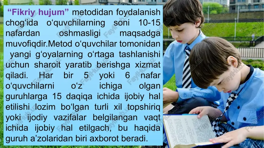 nika sohasidan bo'lib, «loyiha (lotincha-projectus- tarjimada oldinga tashlangan) – u yoki bu qurishning aniq qoidalarga muvofiq soha holatini qayta asosiy g'oyasini anglatadi. ta'lim ma'nosidagi loyihalashtirish 17 o'qituvchi tomonidan talabaning muammoni izlash, uni hal etish bo'yicha faoliyatni rejalashtirish va tashkillashtirishdan to ommaviy baholashgacha bo'lgan mustaqil harakat qilishini ta'minlovchi maxsus tashkil etilgan maqsadli o'quv faoliyatidir. loyihaviy ta'limning muhim belgilari: muammoga yo'naltirilgan o'quv izlanishini tizimli tashkillashtirish o'quv muhitini yaratadi talabalarga mustaqil harakat qilish, (amaliyotga yo'naltirilgan) aniq yakuniy natija olishni ta'minlovchi o'quv muhitini yaratadi muammoga yo'naltirilgan o'quv izlanishini tizimli tashkillashtir ish o'quv muhitini yaratadi haqiqiy hayot bilan ta'limning mustahkam aloqasini o'rnatadi fan bilimlarini mustahkamlashga va ularni rivojlantirshga yordam beruvchi o'quv muhitini yaratadi 18 2. loyihaviy ta'lim turlari muammoni dolzarbligini tadqiqot maqsadini faraz, vazifalarni muammoni o'rganish usullarini tadqiqotchilik loyihalari- bu ilmiy izlanish xususiyatiga ega bo'lib, quyidagi ishlarni bajarish va aniqlash nazarda tutiladi: axborotli loyihalar– o'quv jarayoni yoki boshqa buyurtmachilar uchun muhim bo'lgan axborotlarni yig'ishga yo'naltirilgan …