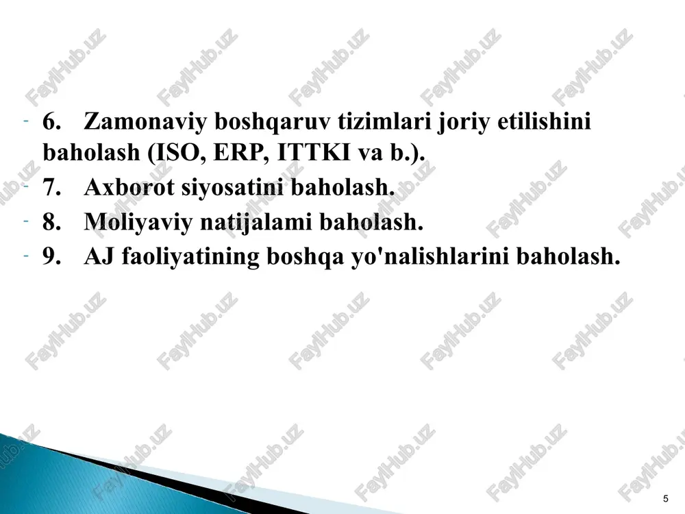 asidan chiqqan, 52tasi esa bu ko‘rsatkichni 10 va undan ortiq foizga oshirib bajargan. rentabellik bo“yicha biznes-rejadagi prognoz ko‘rsatkichlari 62ta ajda bajarilgan, 32ta ajda debitorlik qarzlari kamayishiga erishilgan. shu bilan birga, 38ta ajda sof foyda boyicha ,,prognoz bajarilmagan, 40ta aj rejadagi rentabellik darajasiga chiqmagan. umuman olganda, o'rganilgan ajlarda mazkur yo'nalish bo“yicha o'rtacha baho atigi 13,9 ballni tashkil etdi, vaholanki mumkin bolgan engyuqori baho 150 ballni (9,1 foiz) tashkil etadi. 9. aj faoliyatining boshqa yo'nalishlarini baholash. aj faoliyati yo'nalishlari ichida o'zr vazirlar mahkamasining 2015-yil 28-iyuldagi 207-sonli qarorida belgilangan aksiyadorlik jamiyatlarining faoliyatini samaradorlikning muhim ko'rsatkichlari asosida baholash talabi yetarlicha bajarilmaganligi ayniqsa ko'zga tashlanadi. xususan, 59,8 foiz ajlaming kuzatuv kengashi yig'ilishida o'rganilgan davrdan oldingi oxirgi chorak yakunlari boyicha smk natijalari koyib chiqilmagan. 74,1 foizida ijroiya organining ajni rivojlantirish strategiyasini amalga oshirish boyicha ko'rilayotgan choralar to'g'risidagi hisoboti tinglanmagan yoki strategiya tasdiqlanmagan. faoliyatning boshqa yo'nalishlari bo“yicha o'rganilgan ajlar olgan o'rtacha baho -28,1 ballni tashkil etdi, olish …