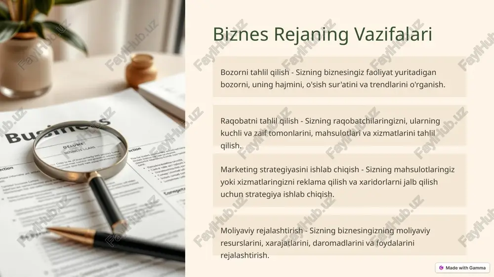 ’lari harakatining rejasi taxmin qilinayotgan balans 8. xodimlarni boshqarish •biznesni muvaffaqiyatli olib borish uchun raxbar xodim boshqarishning ba’zi tamoyillarini bilishi kerak. •ko‘p soxalarda biznes muvaffaqiyati xodimlarga bog‘liq. •korxonada o‘z ishi va sharoitidan qoniqadigan ishchilar faoliyat ko‘rsatishlari kerak. image1.png image2.jpeg image3.jpeg image4.png image5.png image6.png image7.png image8.jpeg image9.jpeg image10.png image11.png image12.png image13.png image14.png image15.png @ made with gamma ie bus, all ansecsnaseal —lo benuume (his, sulose) —————— koosanant fant) tasitoomst ishlab chigarsh (iamst ko'satish) rajsi acting cs boshassshol-tashiletishrejas ——— moliya rejas\ 4.4—rasm, biznes-rejani standart tuzilishi oshirish mumkinligi loyihaning mazmuni: uning maqsadi va potentsial samaradorligi a loyihani kim va qanday amalga oshiradi | loyihani moliyalashtirish manbalari loyihani investitsiyalashdan keladigan potentsial foydalar: sotuv hajmi, ishlab chiqarish va sotish hamda xarajatlarni qoplash vaqti | ma'lum bir aniq bozor sharoitlarida loyihani amalga a 4.5.-rasm. biznes-reja rezyumesi (kirish,xulosasi)ning tarkibiy tuzishi. /docprops/thumbnail.jpeg mavzu: korxonaning biznes rejas