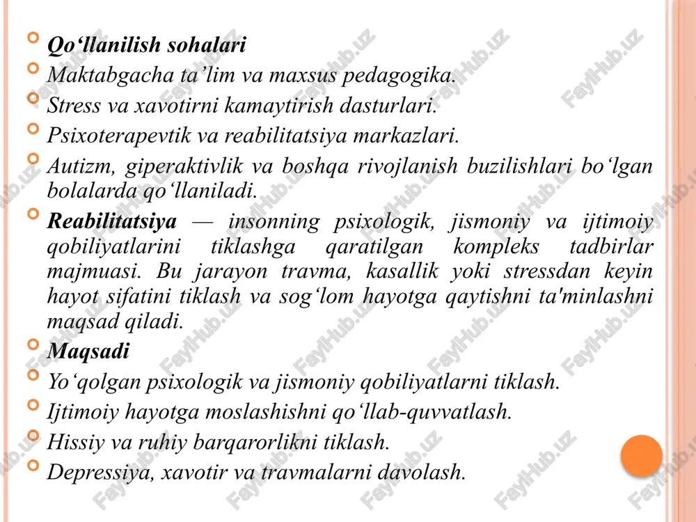 bolalarning emotsional holatini yaxshilash ularning umumiy rivojlanishiga bevosita ta’sir qiladi. psixologik yordam, o‘yin va art terapiyasi, musiqa va nafas olish mashqlari orqali bolalar o‘z his-tuyg‘ularini boshqarishni o‘rganadilar va stressdan xalos bo‘ladilar. bu esa ularga sog‘lom va baxtli hayot kechirish uchun zarur asos bo‘ladi. shu sababli, ota-onalar, tarbiyachilar va psixologlar bolalarning emotsional farovonligiga alohida e’tibor qaratishlari lozim. 2.psixogimnastika va emotsional rivojlanish. psixogimnastika - bu guruh a'zolarining o‘zini namoyon qila oladigan va nutqsiz muloqotga kirisha olishini ta'minlovchi metoddir. bu samarali vosita yordamida shaxsning ijtimoiy hodisalarni idrok qilishi uchun eng qulay sharoit yaratiladi, "tana tili"ga e'tibor beriladi, atrof-hayot munosabatlarini ifodalashga imkoniyat yaratiladi. psixogimnastika termini keng va tor ma’nolarda qo‘llaniladi. guruh a'zolarining asosiy kommunikatsiya vositasi imo-ishorali harakatlar bilan ta'sir o‘tkazish hisoblanadi. tor ma'nodagi psixogimnastika -o‘yinlar, etyudlar ko‘rinishida bo‘lib, guruh a'zolari aloqa vositasi sifatida nutqsiz harakatni qo‘llaydilar. psixogimnastikaning bu turi guruhiy korrektsiya vazifalarini bajarishga yo‘naltirilgan, ya'ni o‘zaro aloqa o‘rnatish, tarang vaziyatni ko‘tarib tashlash, qarama-qarshi tomon …