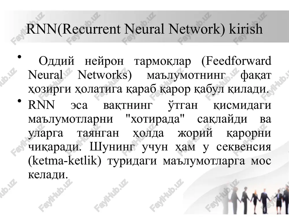 asi (context vector) hosil qiladi. decoder: ushbu xulosaga asosan, tabiiy tilda (o'zbek, ingliz va h.k.) tavsif hosil qiladi. ko'pdan ko'pga (misol) 6. sinov (inference) faqat encoderga input beriladi decoder bilan boshlaydi va token chiqquncha ketma-ket so‘zlar yaratadi takroriy neyron tarmoqlarning qanday turlari mavjud? birga ko'p bu erda bir nechta kirishlar bitta chiqish bilan taqqoslanadi. bu his-tuyg'ularni tahlil qilish kabi ilovalar uchun foydalidir, bunda model mijozning fikr-mulohazalarini ularning ko'rib chiqish matni asosida ijobiy, salbiy yoki neytral deb taxmin qiladi. takroriy neyron tarmoqlarning qanday turlari mavjud? “birga ko‘p” arxitekturasi — bu ketma-ket kirishlar (masalan, so‘zlar, vaqt qatorlari) berilib, bitta yakuniy chiqish olinadigan rnn modelidir. bu model butun ketma-ketlikni tahlil qilib, umumiy natija yoki xulosa chiqaradi. “birga ko‘p” (misol) misol: sentiment tahlili vazifa: foydalanuvchi izohining ijobiy yoki salbiy ekanligini aniqlash. kirish: "bu film juda ajoyib edi" chiqish: pozitiv (1) “birga ko‘p” (misol) 1. matnni tayyorlash -tokenlash: matnni so‘zlarga ajratamiz: ["bu", "film", "juda", "ajoyib", …