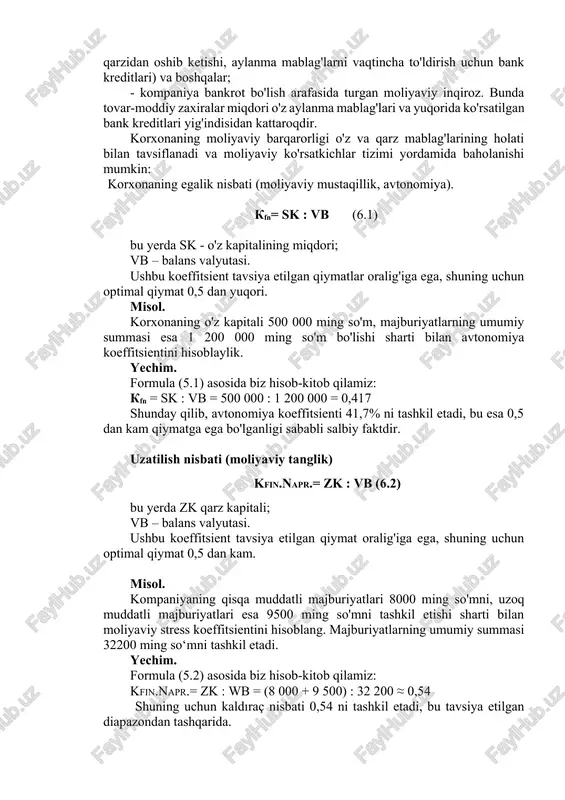 i munosabatlarga asoslanadi. tashkilotning moliyaviy barqarorligining to'rt turi mavjud (6.3-rasm). - mutlaq moliyaviy barqarorlik, agar tovar-moddiy zaxiralar miqdori o'z aylanma mablag'lari va ushbu tovar-moddiy zaxiralar uchun bank kreditlari miqdoridan kam bo'lsa, yuzaga keladi; 6.3-rasm. korxonalarning moliyaviy barqarorligi turi. - tashkilotning to'lov qobiliyatini ta'minlovchi moliyaviy ahvolning normal barqarorligi tovar-moddiy zaxiralar miqdori va o'z aylanma mablag'lari va yuqorida ko'rsatilgan kreditlar miqdori o'rtasidagi tenglik bilan ifodalanadi; - beqaror moliyaviy holat tashkilotning to'lov qobiliyatining buzilishiga olib kelishi mumkin, ammo bu holda moliyaviy tanglikni yengillashtiradigan mablag'lar manbalaridan iqtisodiy muomalada foydalanish orqali to'lov vositalari va to'lov majburiyatlari o'rtasidagi muvozanatni tiklash mumkin bo'lib qoladi ( zahira kapitalining vaqtincha bo'sh mablag'lari, maxsus fondlar, ya'ni jamg'arish va iste'mol fondlari, ortiqcha kreditorlik qarzlarining debitorlik qarzidan oshib ketishi, aylanma mablag'larni vaqtincha to'ldirish uchun bank kreditlari) va boshqalar; - kompaniya bankrot bo'lish arafasida turgan moliyaviy inqiroz. bunda tovar-moddiy zaxiralar miqdori o'z aylanma mablag'lari va yuqorida ko'rsatilgan bank kreditlari yig'indisidan kattaroqdir. korxonaning moliyaviy …