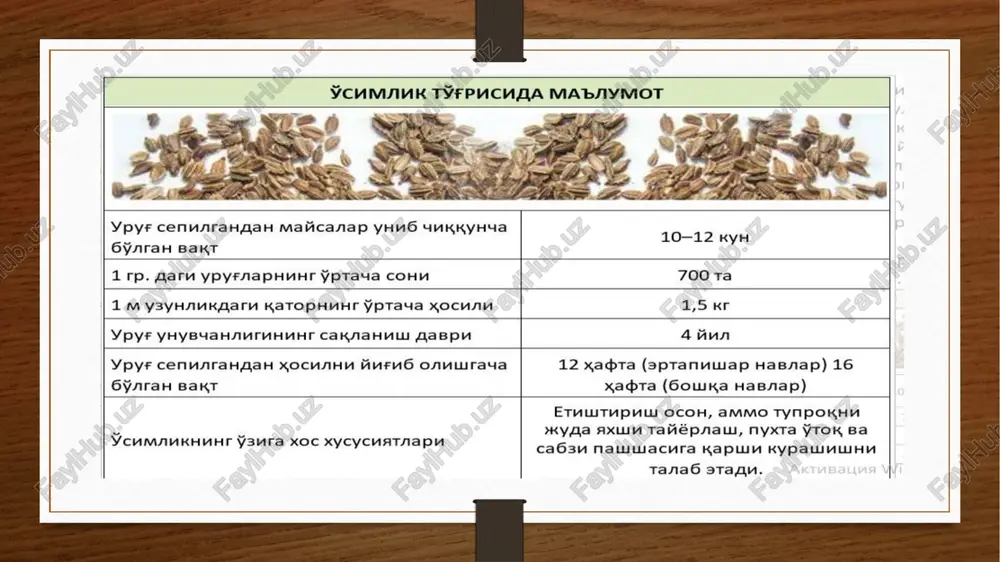 tsion bahsi 5,0 ball. hosildorligi 20 t/ga. mayskiy o'rtapishar nav, o'suv davri 37-40 kun. bargi ovalsimon, yashil rangli, barglar soni 7-11 ta, tomirlanishi o'rtacha, jiloli, tuksiz. ildizmevasi uzunchoq, tuprokda to'liq botadi, uch tomoni o'tkir, uzunligi 7-9 sm, diametri 2,0-sm, vazni 33-35 g, po'sti malinasimon, eti oq, sersuv, juda tig'iz, ta'mi o'tkir, degustatsion bahsi 4,4 ball. hosildorligi 17-18 t/ga. yotochlanishga moyil rediskani navlari rediskani parvarishlashtexnologiyasi ekish muddati. fevral oyining ikkinchi yarmi - mart oyining birinchi yarmi. ekish sxemasi: 40x 10-15 sm. upyg' sarfi 10-12 kg/ga. o'g'itlash. chirigan go'ng 30-40 t/ga, azot 90-100 kg/ga, fosfor 70-80 kg/ga, kaliy 40-50 kg/ga. sug'orish. markaziy viloyatlarda 4-5 marta, janu­biy viloyatlarda 4-6 marta, shimoliy viloyatlar­da 3-4 marta 4-6 kun oralatib sug'oriladi. sug'orish me'yori.300-400 m3/ga. andijon 9 tezpishar nav, o'suv davri 96 kun. ildizmevasi yumaloqsi­mon, eti oq, mayin, tig'iz,sersuv, vazni 300-310 g, deyarli tuproqning ustki qismida joylashadi, shu qismi yashil rangli, tuproq ostida joylashgan qismi och yashil …